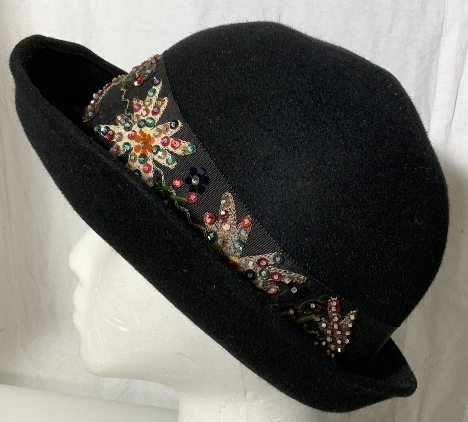 Black Wool Bowler Hat w Sequins in Hat Box (1 of 7)