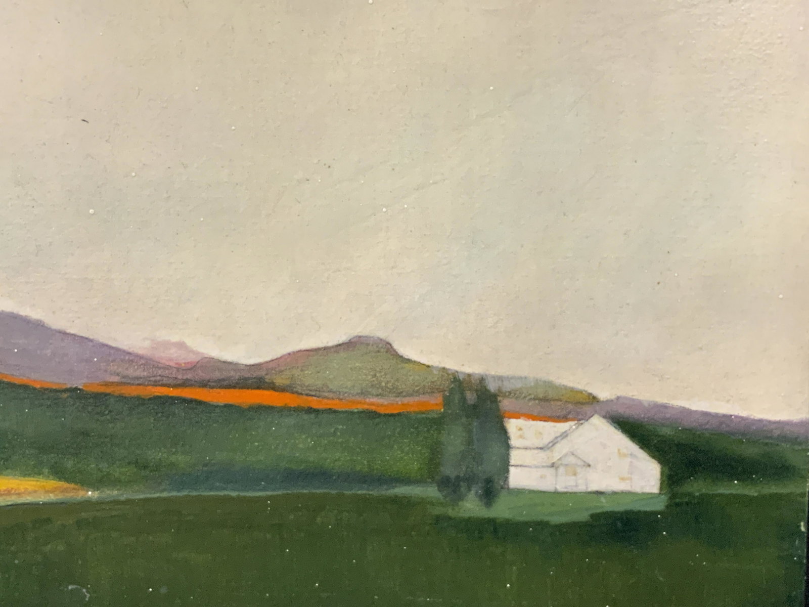 House with Twin Cedars Oil on Canvas 1991: House with Twin Cedars Oil on Canvas 1991, no signature to piece, verso reads ‘ House with Twin Cedars, Vermont, 1991’, possible signature to lower right possibly reads ‘S.E.’ Or ‘S.K’, su