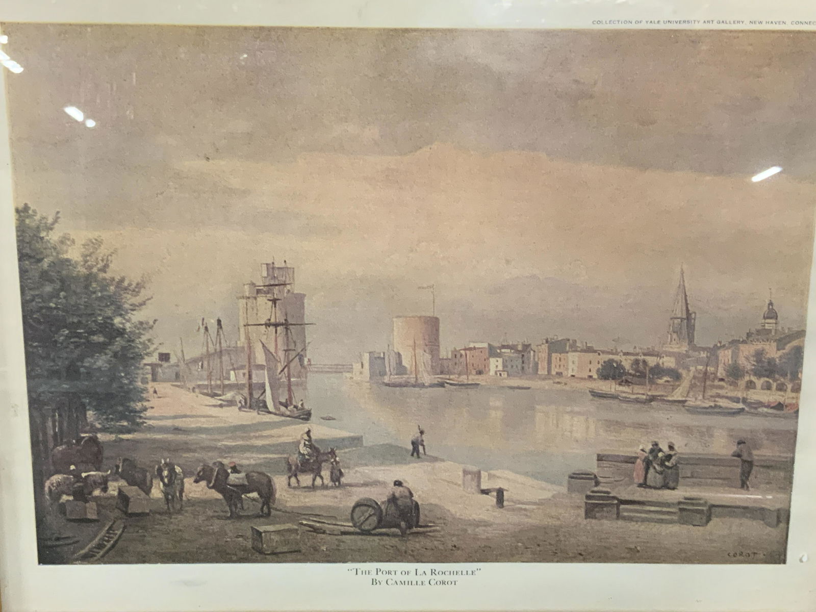 Offset Lithograph of The Port of La Rochelle: Offset Lithograph of the port of La Rochelle, text to lower border reads ‘The Port of La Rochelle by Camille Corot’, subject a port town scene in what appears to be a colonial era, faux bamboo woo