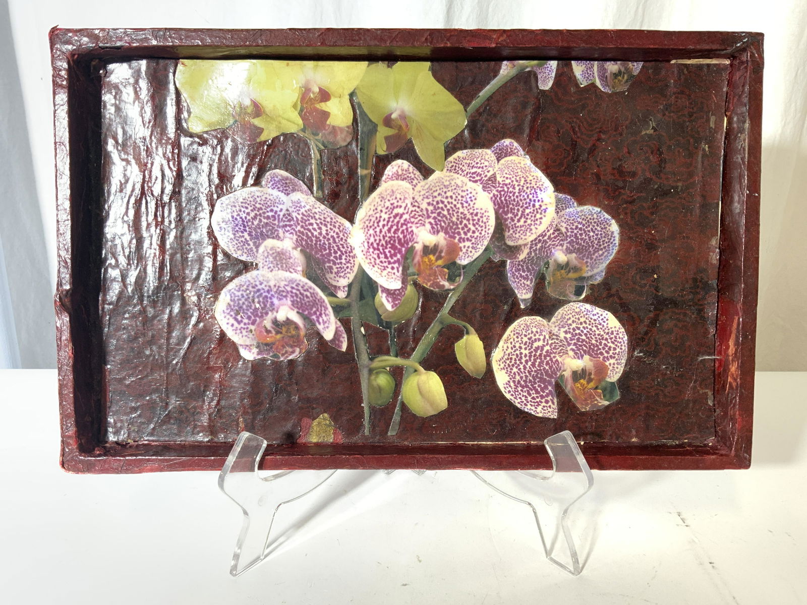 Vintage Paper Mache Floral Collage Tray: Tray appears to be vintage. Tray appears to be covered in paper mache. Piece has multi toned floral detail. Piece measures approx 16.5 inches long 10 inches wide. Tray, vintage tray, collage tray, pap