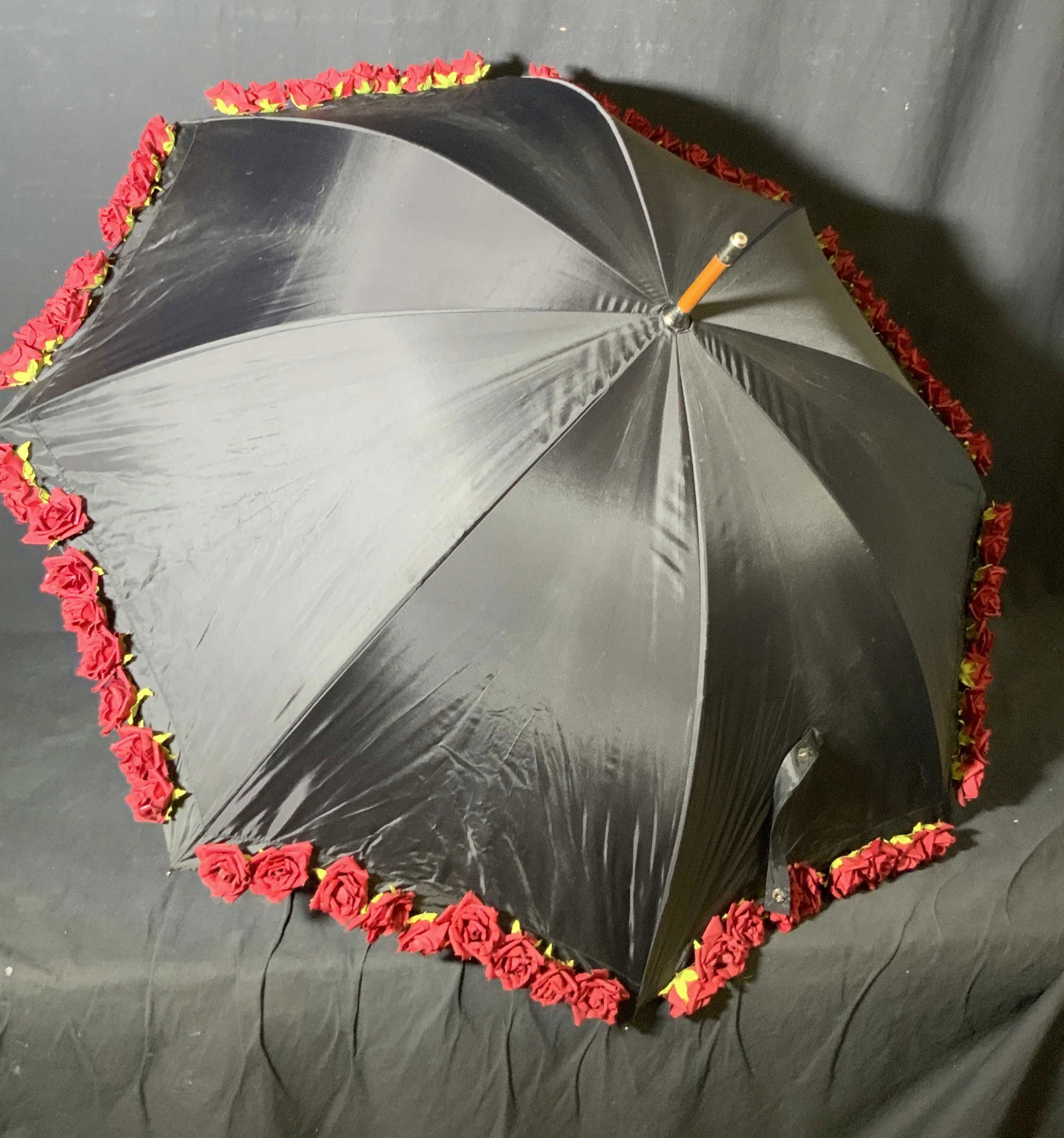 Black Umbrella With Fabric Red Rose Trim (1 of 9)