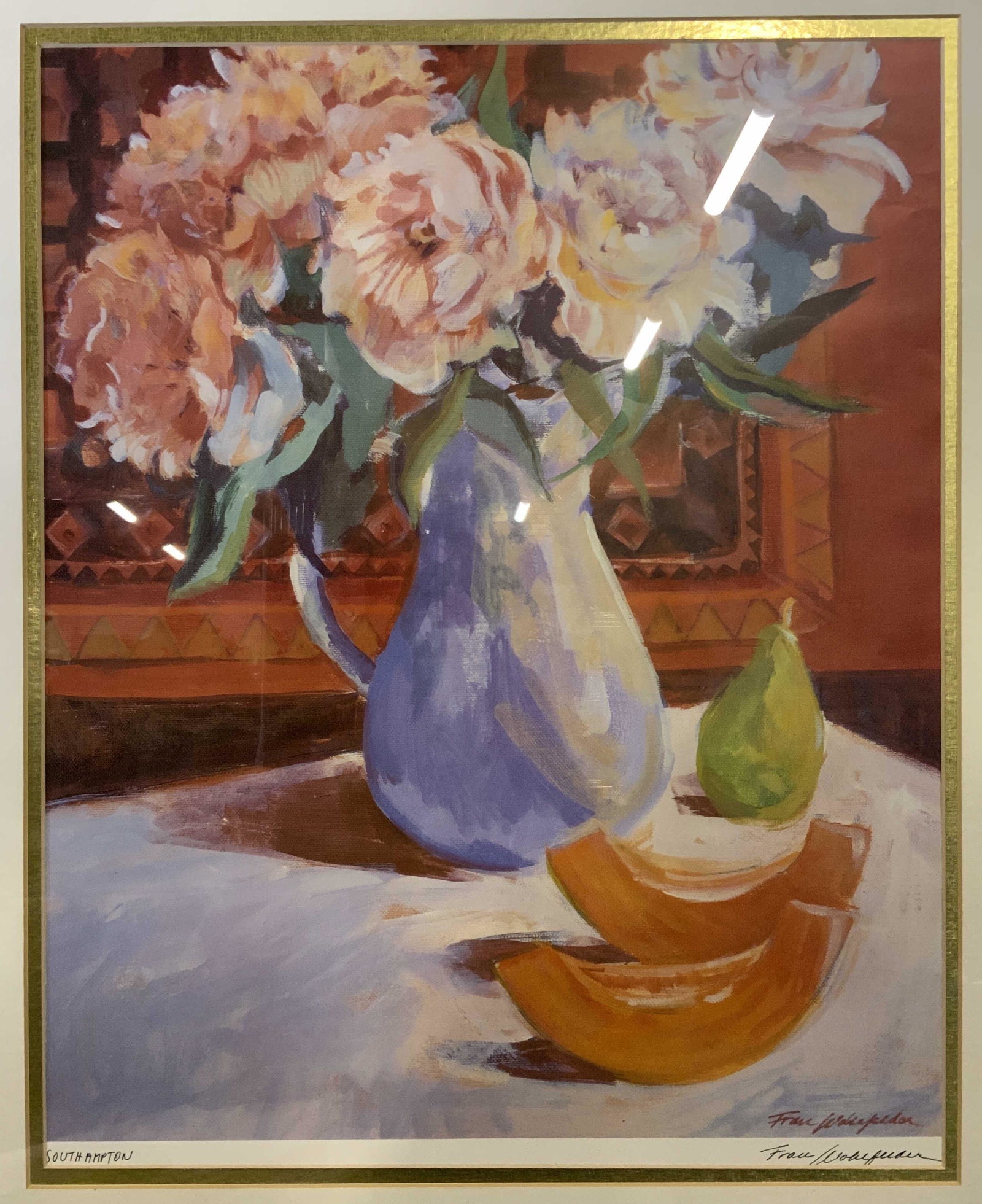 FRAN WOHLFELDER Signed Lithograph: Fran Wohlfelder, signature and printed signature to the lower right corner reads ‘Fran Wohlfelder’, text to lower left corner reads ‘Southampton’, subject a floral still life with fruit done i