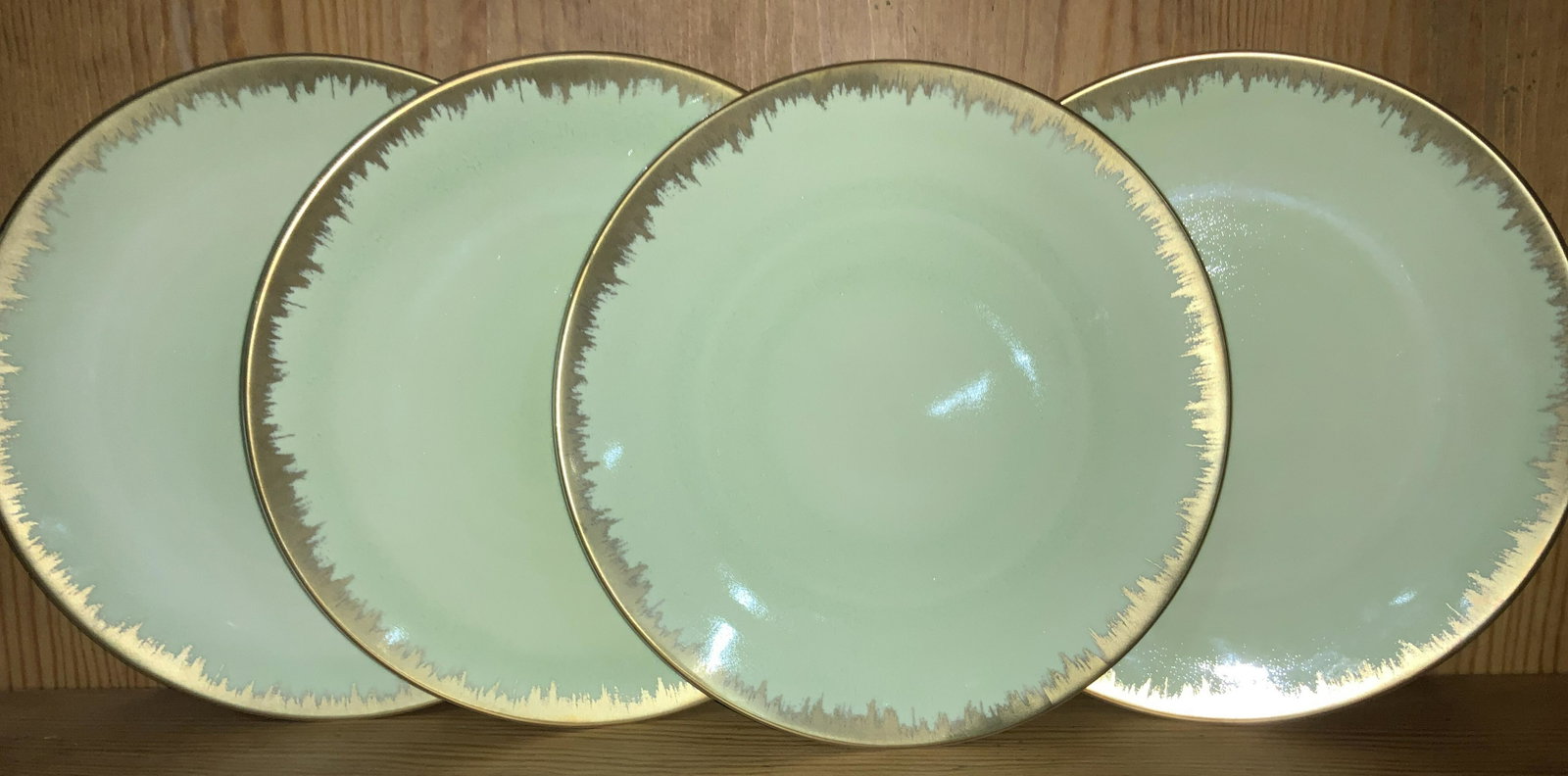 Set 4 Kim Seybert Spearmint Shakti Chargers: New Charger Plates, Label still on dishes, never used. Hand crafted in Portugal and signed on verso. These luxury Shakti Chargers measure 12.25 in. & can be used as large dinner plates if desired. Spe