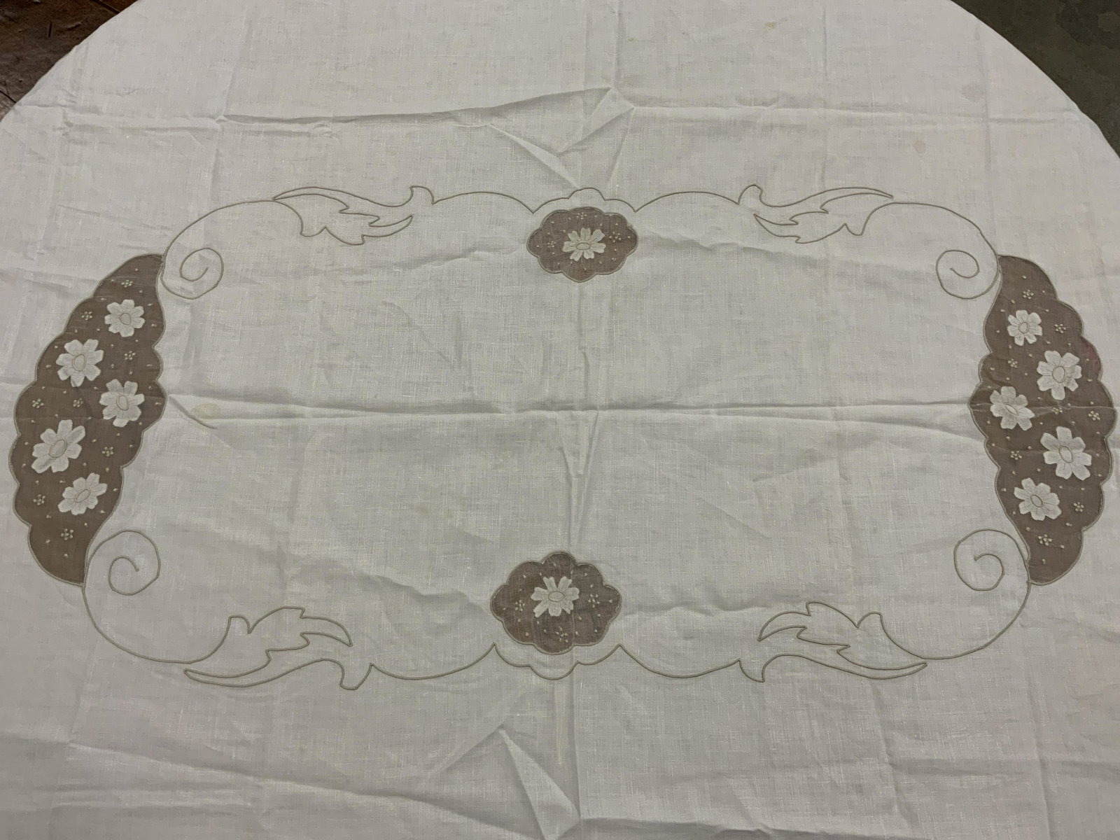 Vintage Embroidered Tablecloth: Vintage Embroidered Tablecloth, no apparent inscriptions or labels, measures 63 x 85 inches, stains to fabric, Vintage linens, linens, embroidery, tablecloth, cloth, fabric, textiles, home decor. 11