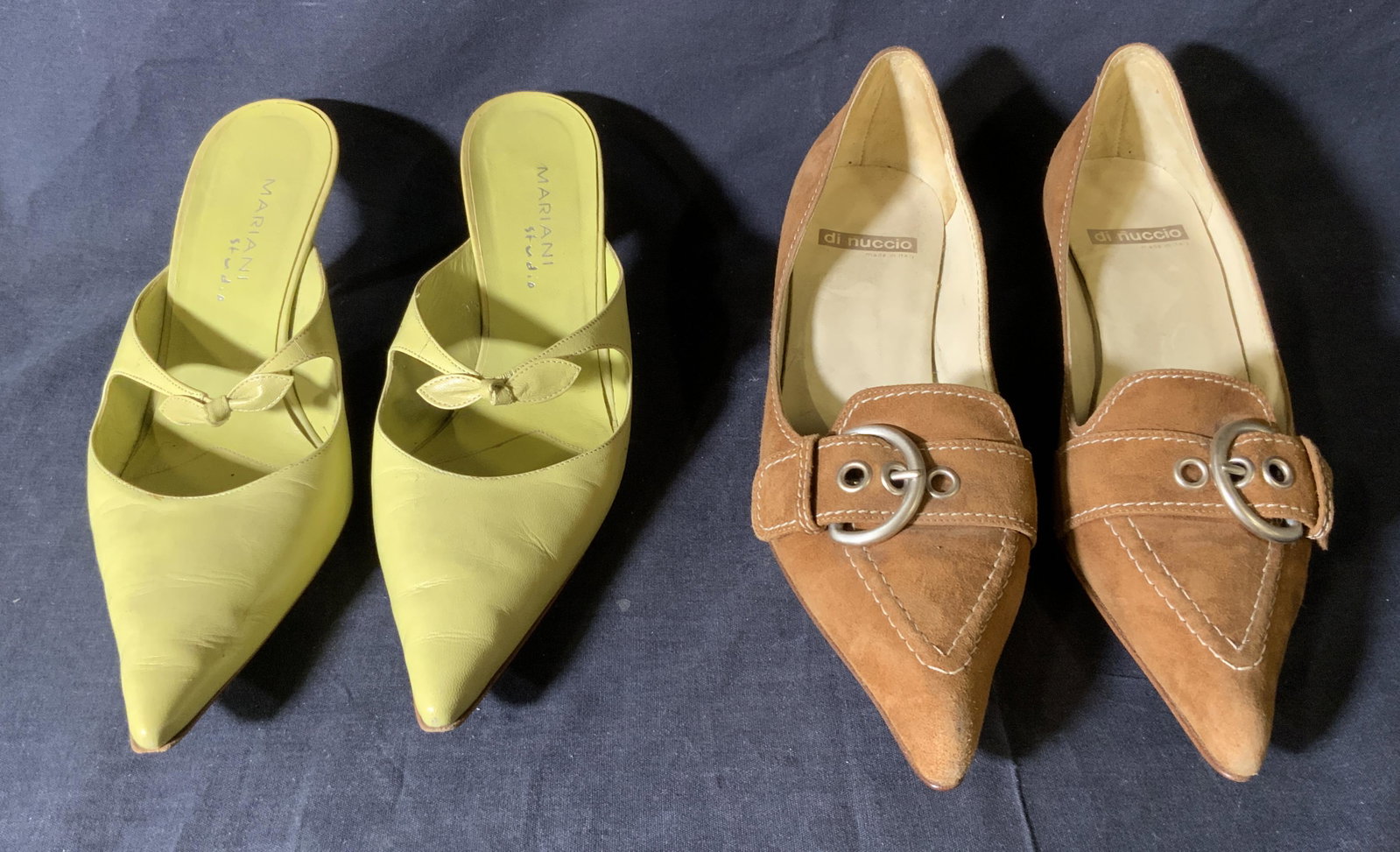 Lot 2 Kitten Heels, Italy: Lot 2 Kitten Heels, Italy, inscription to suede heels reads ‘Di Nuccio Made in Italy Vero Cuoio Leather Sole 38 1/2’, height of heel: 1 5/8 inches tall, inscription to green leather heels reads ��