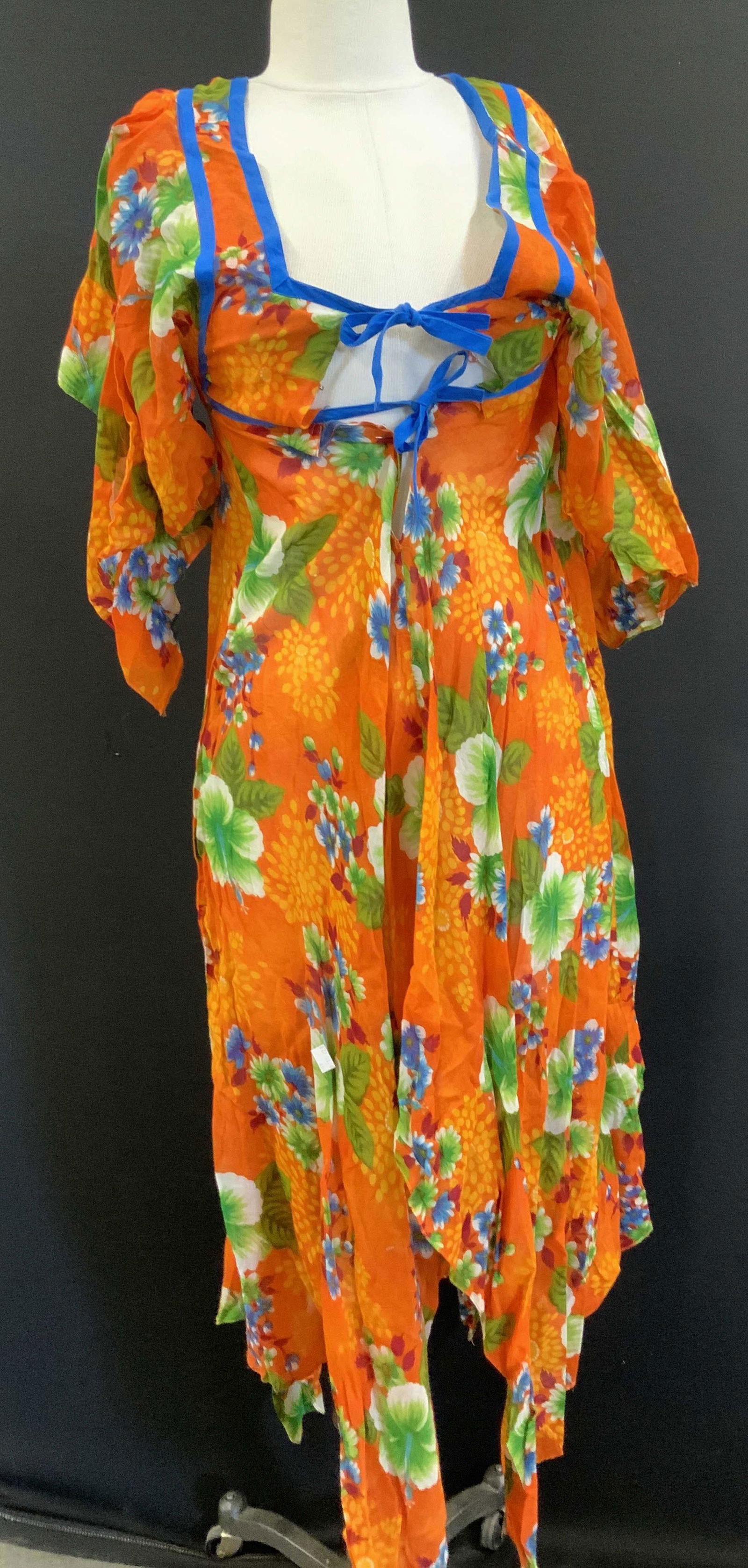 Lightweight Cotton Tropical Mumu: Ladies knitwear for pool, beach, warm climate or casual in the house wear. Size 2-4. Strings tie in center, one hook at waist. An orange muumuu dress, Cotton/ Poly ( possibly) combed kit. Two tie stra