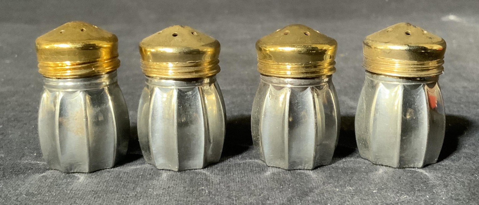Set 4 Pewter Salt & Pepper Shakers: Set 4 Pewter Salt & Pepper Shakers, inscriptions read ‘Pewter’, all measure 1 1/2 inches tall x 1 inch wide, surface wear to shakers, Salt and pepper shaker, tableware, dinnerware, kitchenware, ki