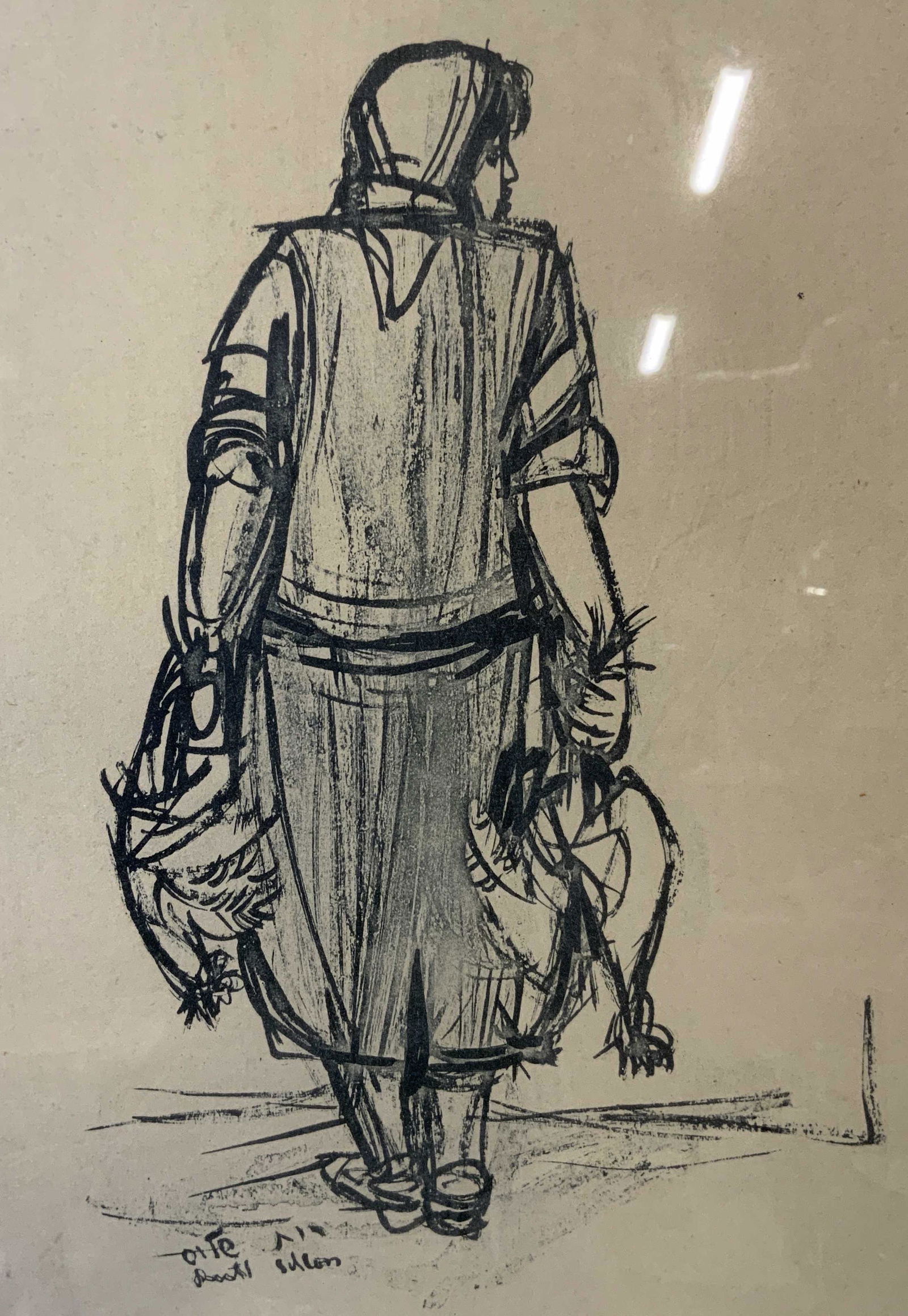 Signed Woman Holding Chickens Ink Drawing on Paper (1 of 7)