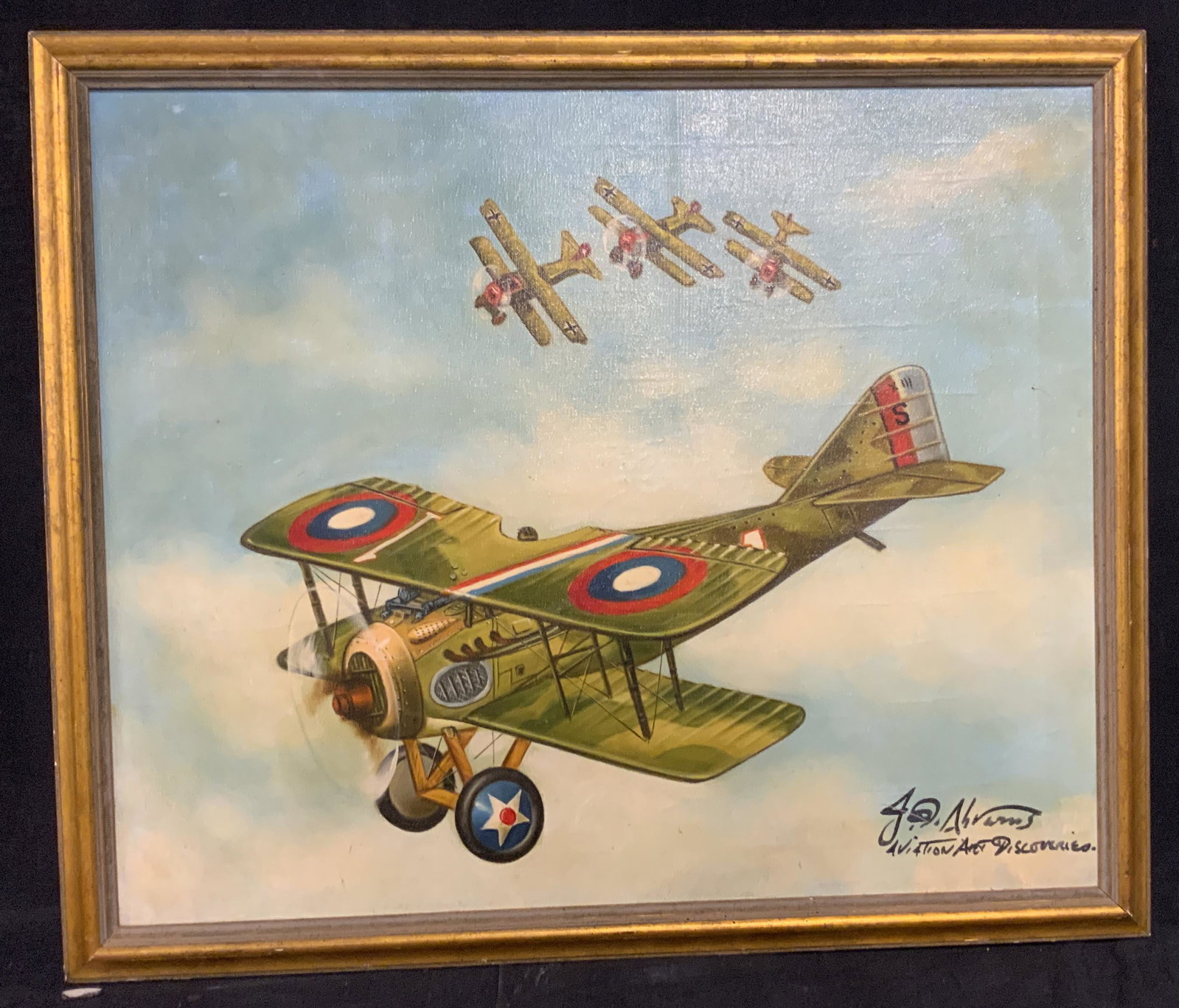 J. ABRAMS Signed Oil on Canvas: J. ABRAMS Signed Oil on Canvas, Signature to lower right possible reads ‘J. ABRAMS AVIATION ART DISCOVERIES’, verso inscription possibly reads ‘American FNWF’, subject an airborne American Wor