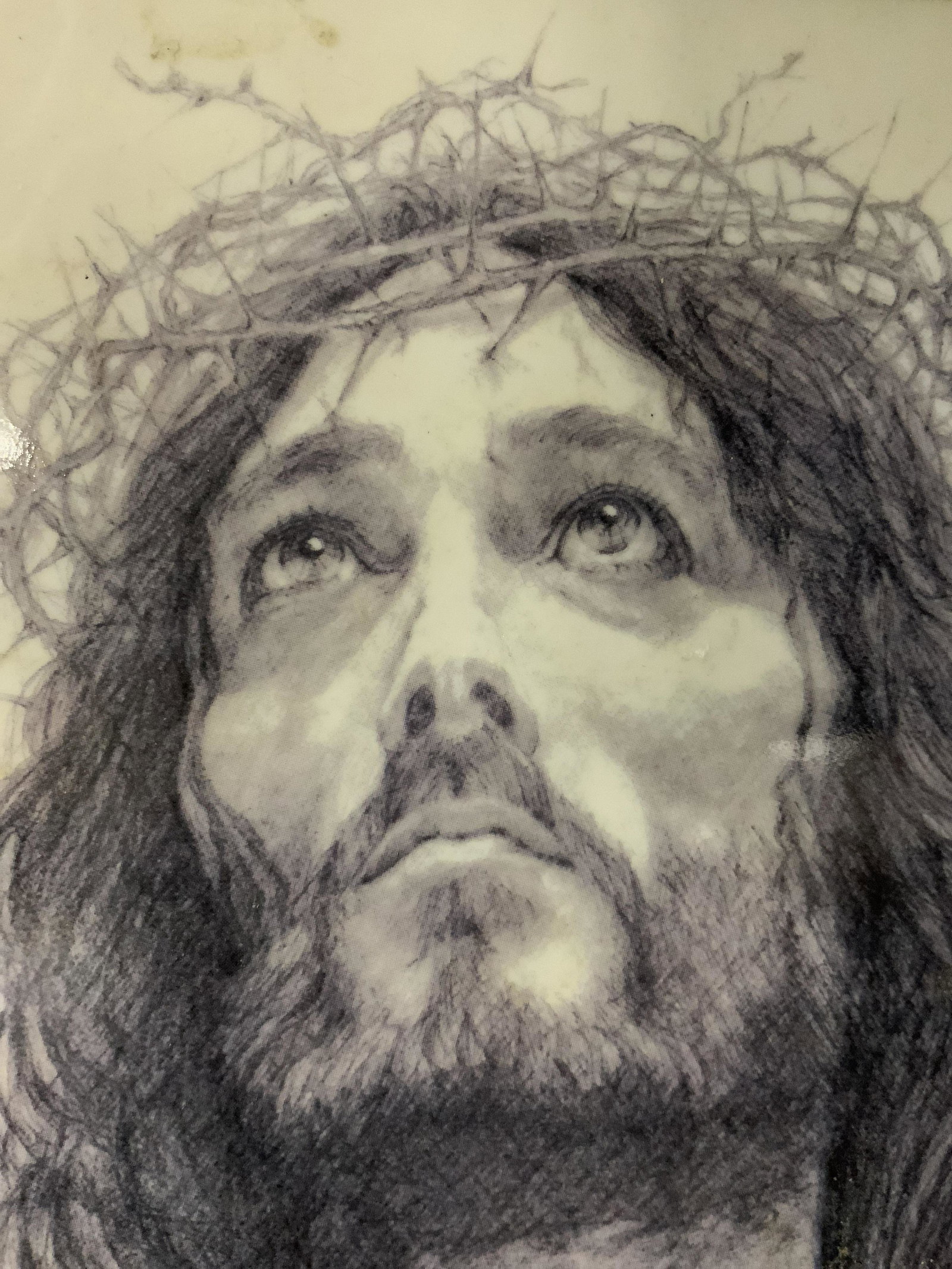 MARK CANNON Crown of Thorns Ceramic Art Plaque: MARK CANNON Crown of Thorns Ceramic, signature to lower right reads ‘MARK CANNON’, verso reads ‘Crown of Thorns by Mark Cannon’, subject a close up portrait of Jesus Christ wearing a crown of 