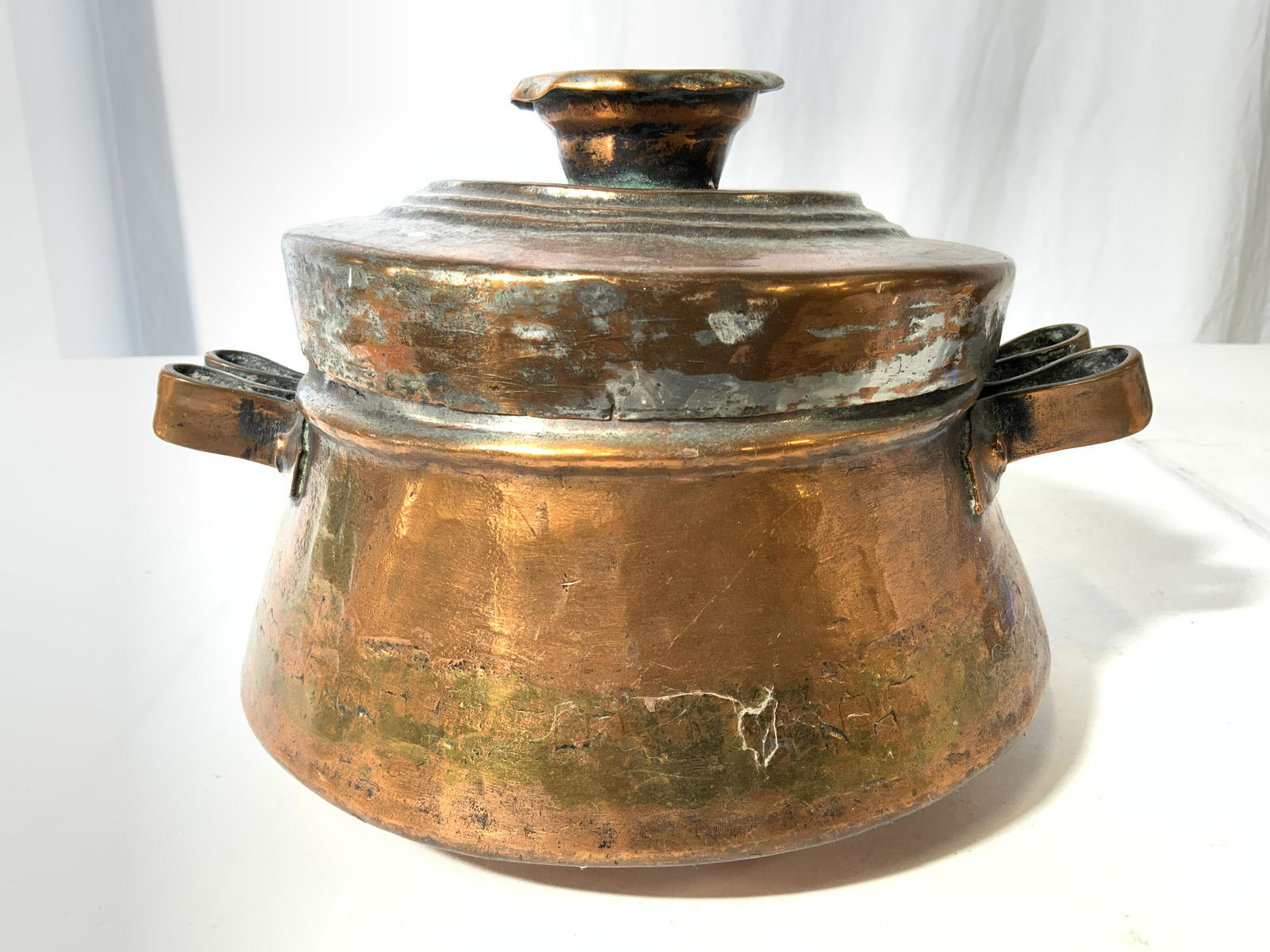 Antq White Metal Copper Toned Lidded Vessel (1 of 8)