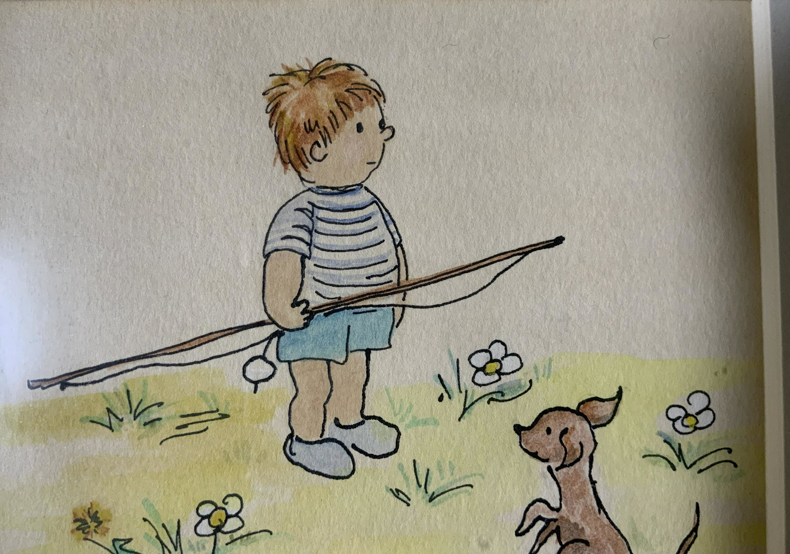 LOUISA RAWLE Signed Watercolor Painting: LOUISA RAWLE Signed Watercolor Painting, signature to lower right reads ‘Louisa Rawle’, subject a boy with a fishing pole and dog, measures 10 1/4 x 10 1/8 inches, wooden frame, surface wear to fr