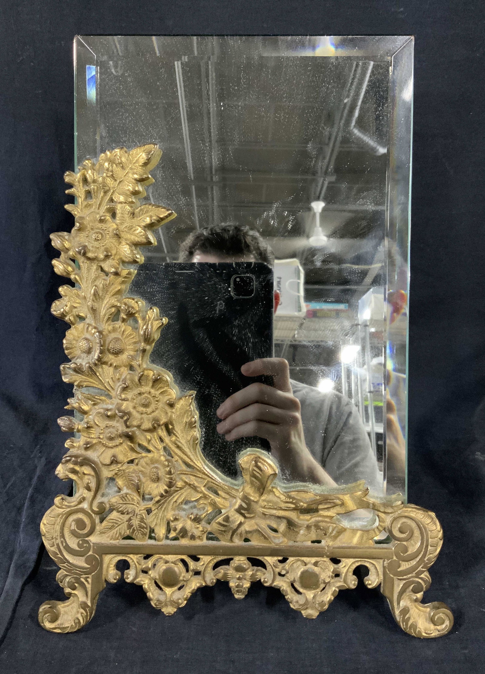 Antique Beveled Mirror w Brass Stand (1 of 13)