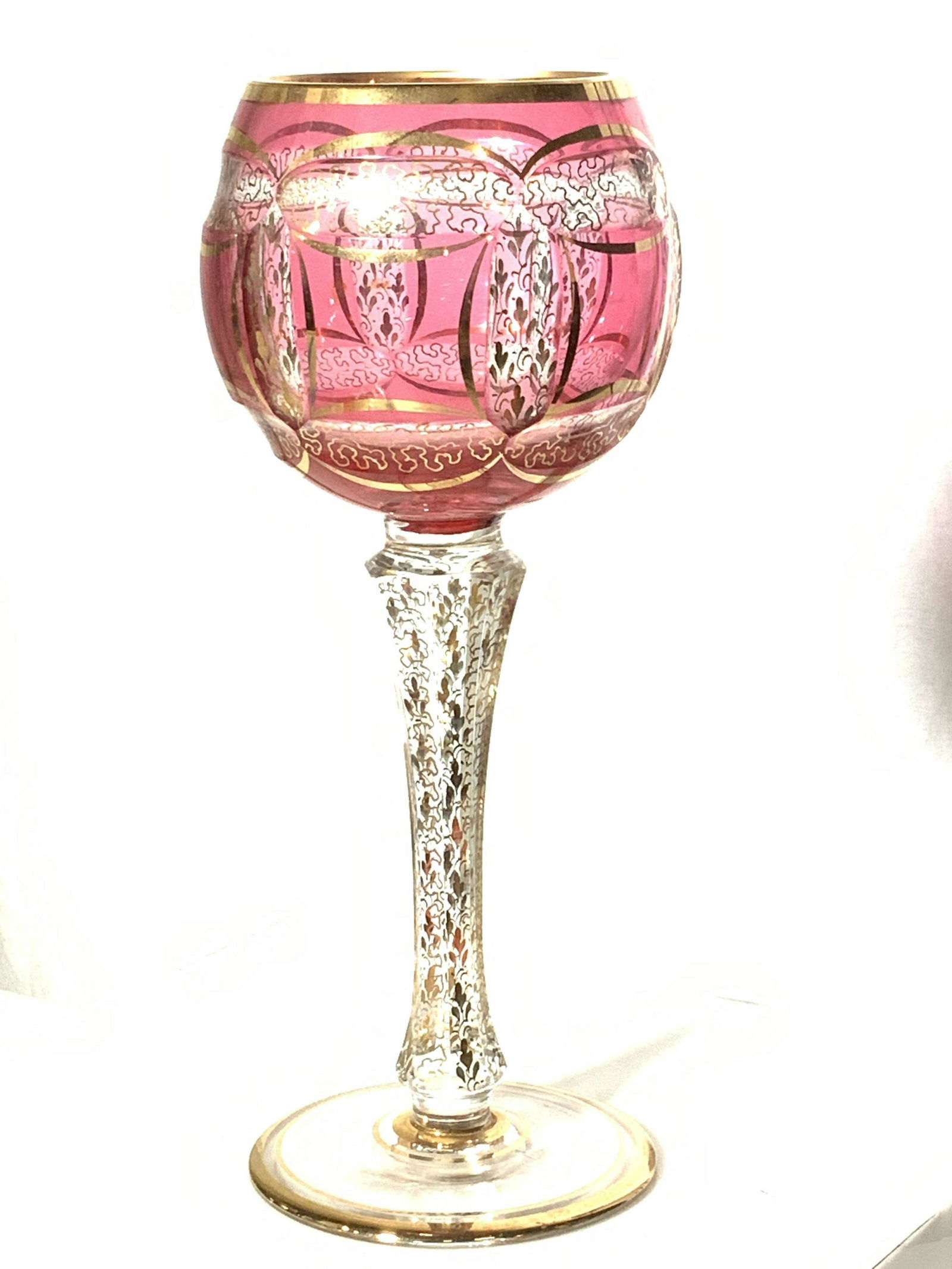 Bohemian Gilt Cranberry to Clear Glass Stem Goblet (1 of 9)