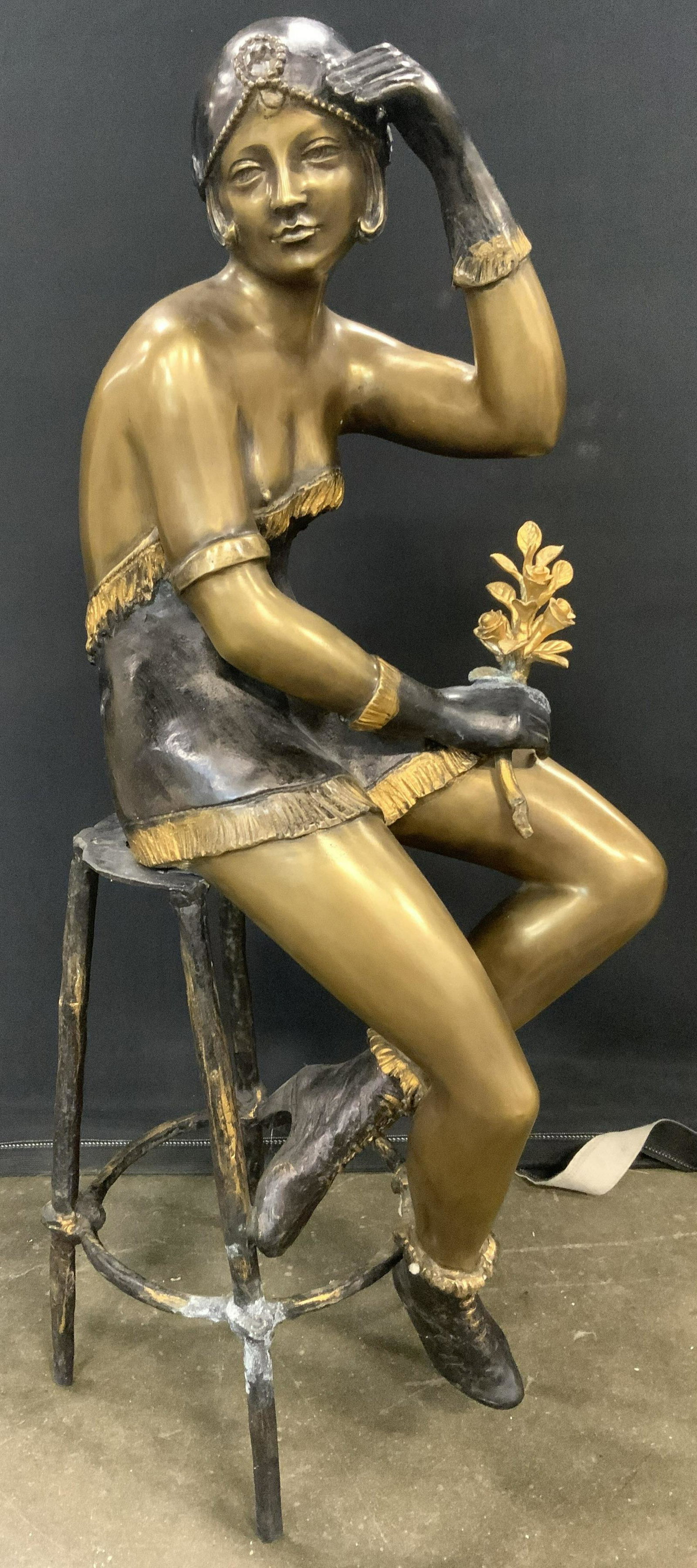 Signed Gilt Bronze Flapper Statue After F De Luca: Piece is signed on buttocks of female figure. Art Deco cast Gilt Bronze Sculpture of Woman on Stool After Ferdinando De Luca. (Italian, 20th century) (depiction of flapper girl on stool) Cast gilt bro