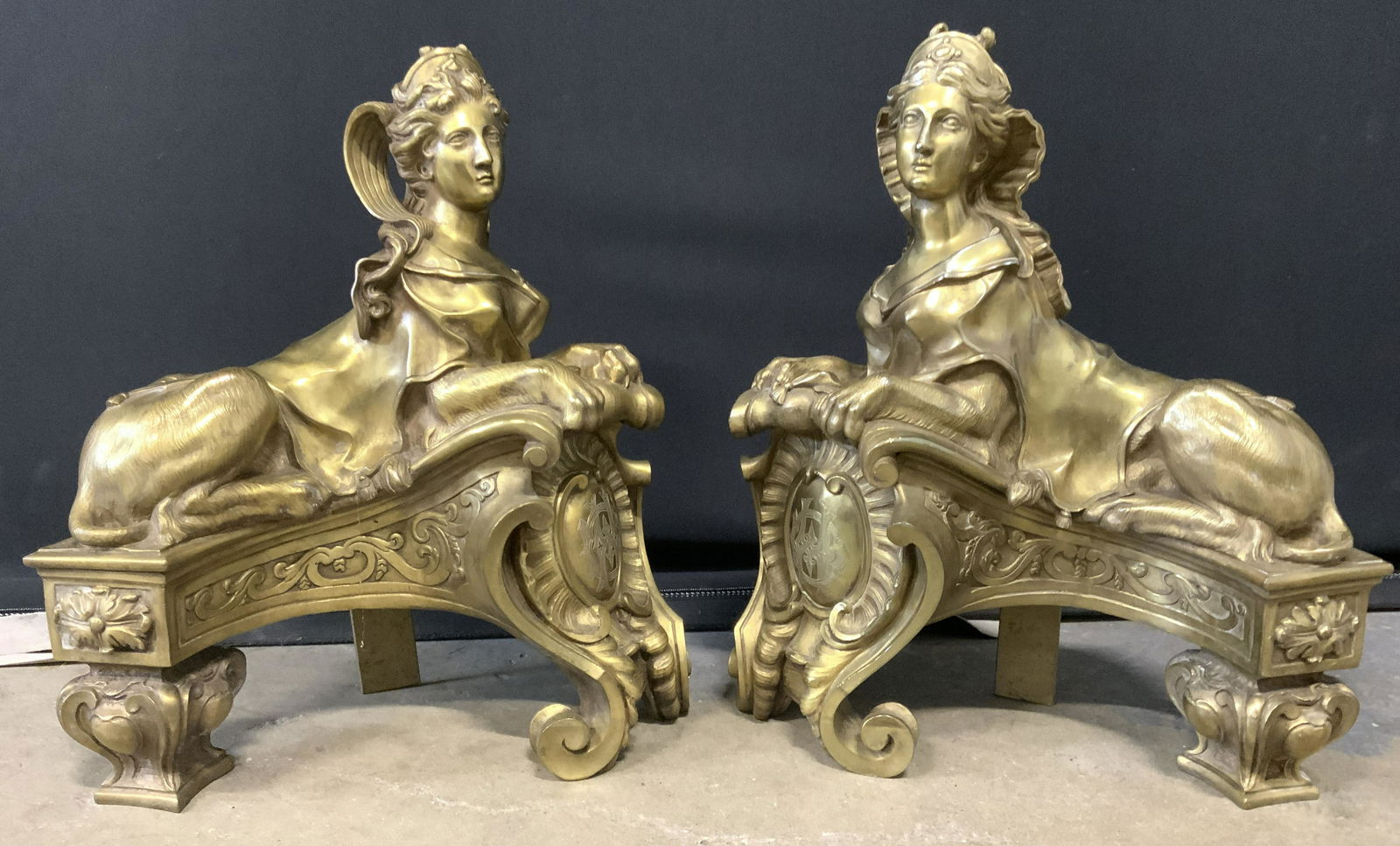 Antique Sphinx Brass Ornate Fireplace Andirons (1 of 10)