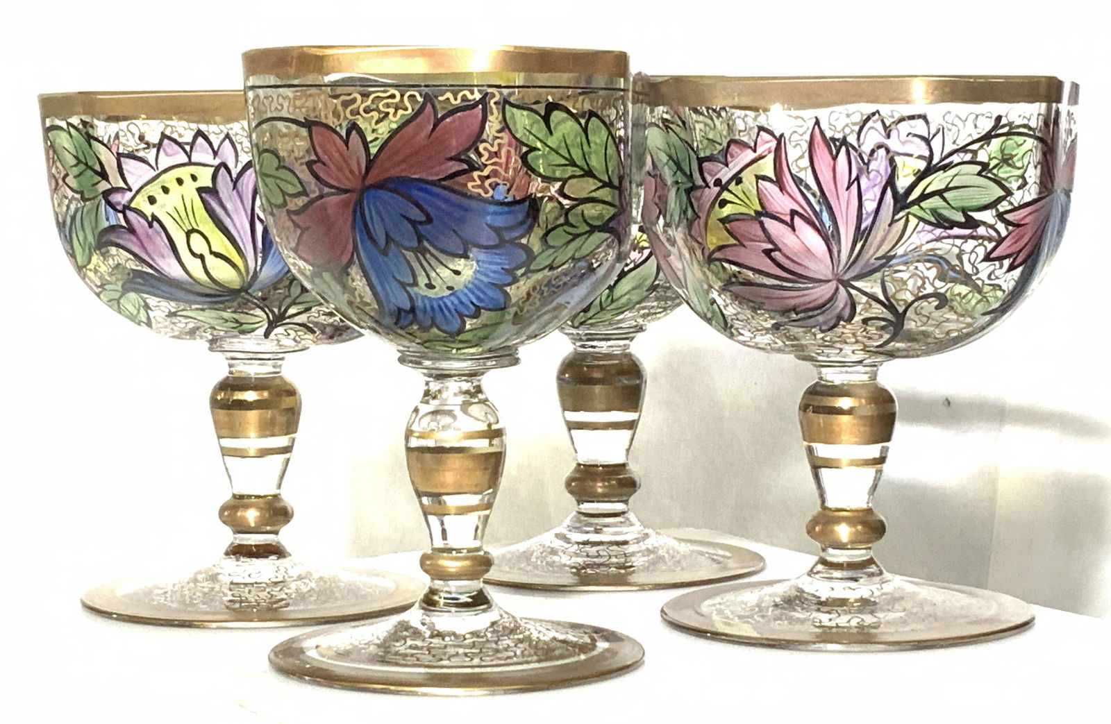 Hand Painted Floral & Gilt Faceted Glass Goblets (1 of 11)