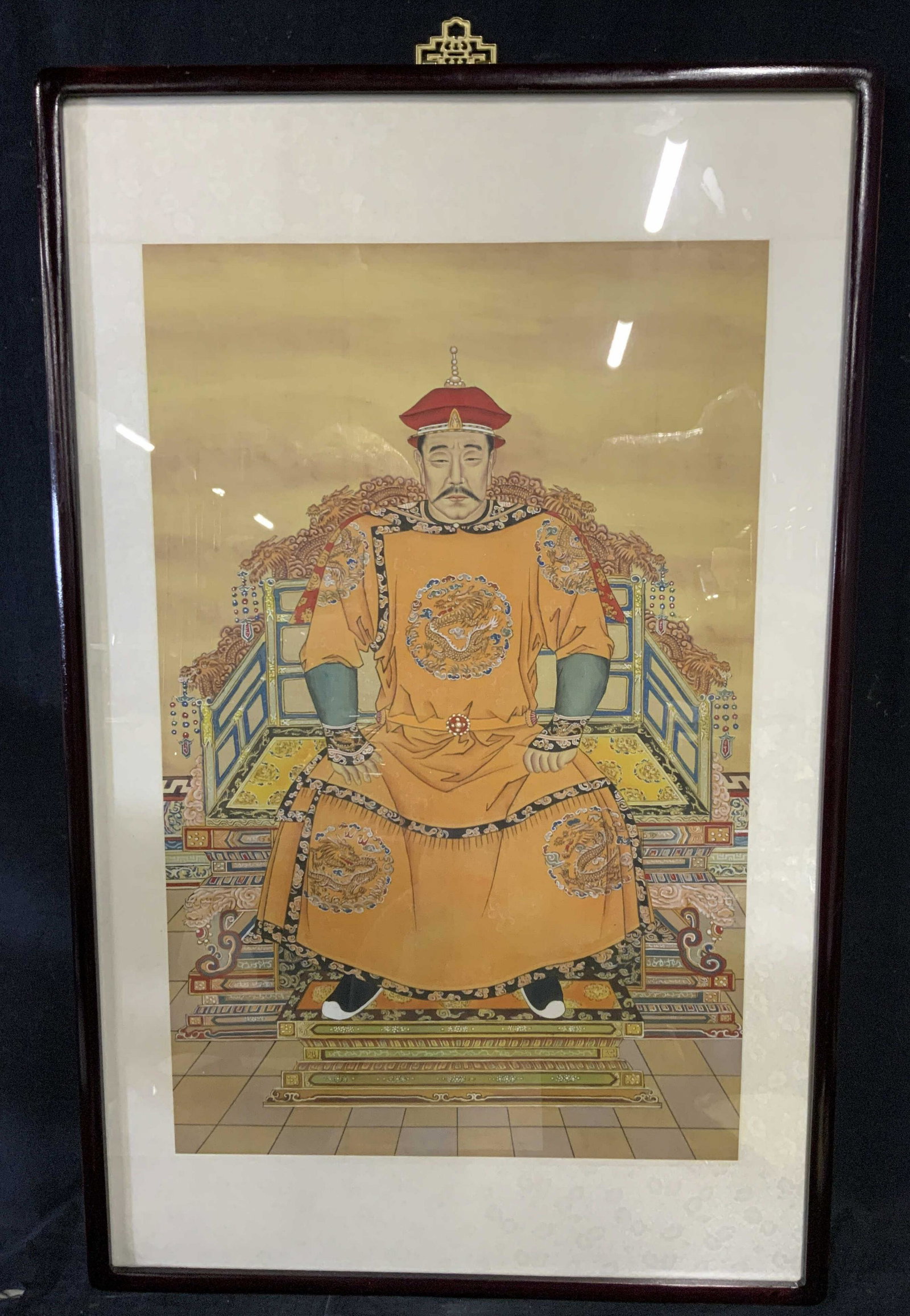 Portrait of Chinese Emperor Ink and Color on Silk: Portrait of Chinese Emperor Ink and Color on Silk, no apparent inscriptions or marks to piece, subject a Chinese emperor on a throne, frame measures 21 3/4 x 34 1/4 inches, window measures 16 3/8 x 25