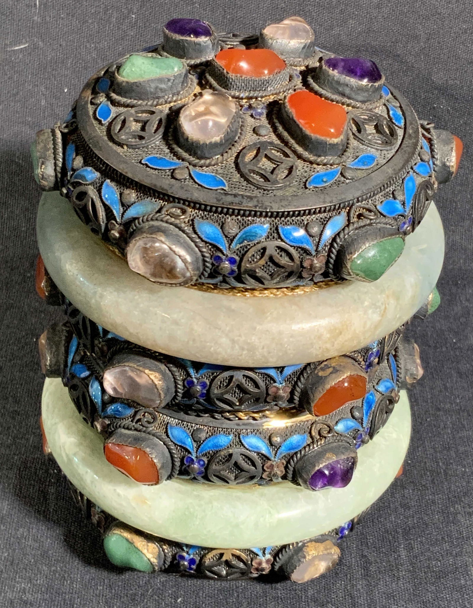 Vintage SILVER Cloisonné Natural Stone Trinket Box (1 of 17)