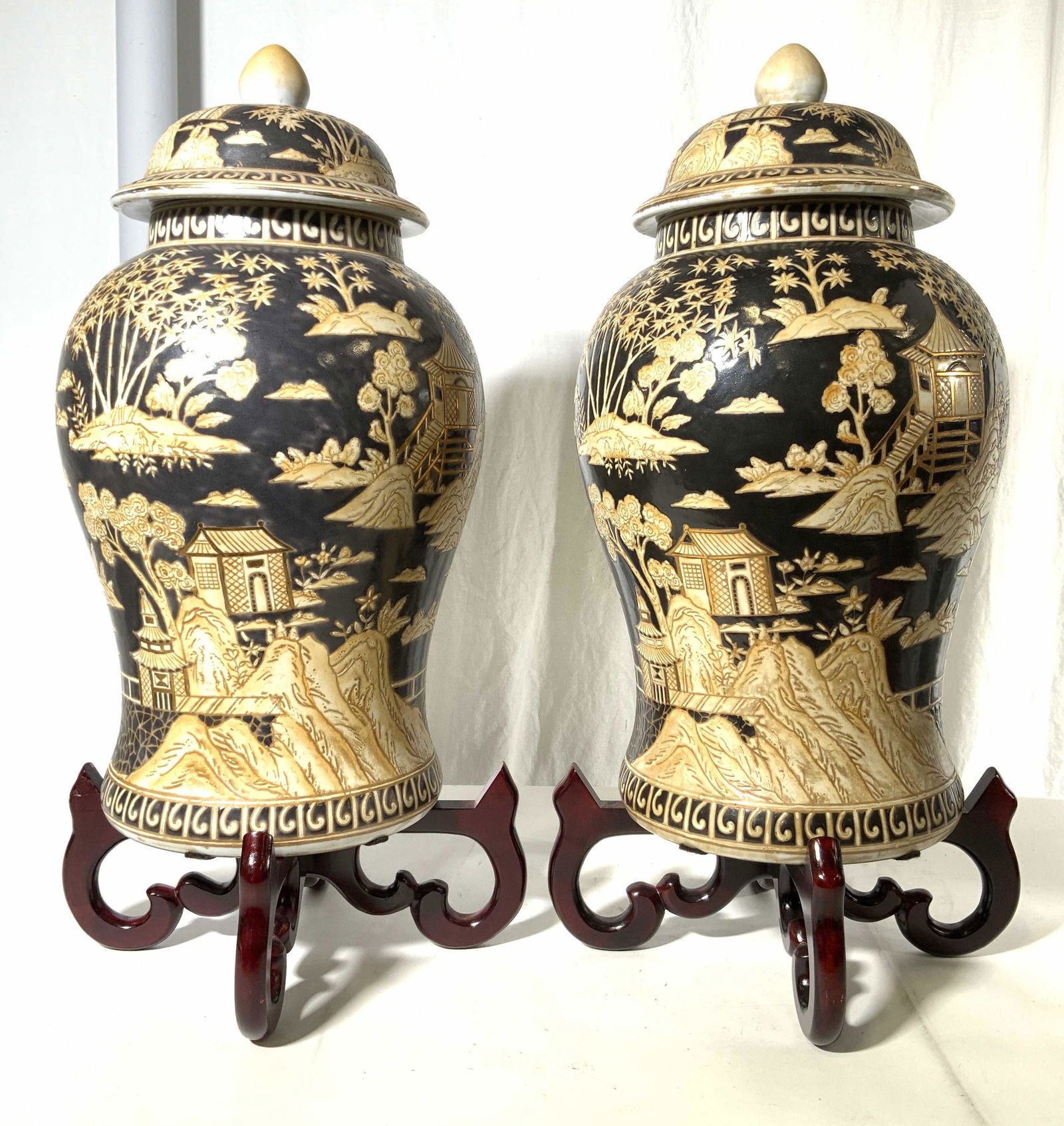 Pair Signed Asian Porcelain Urns W Stands (1 of 10)