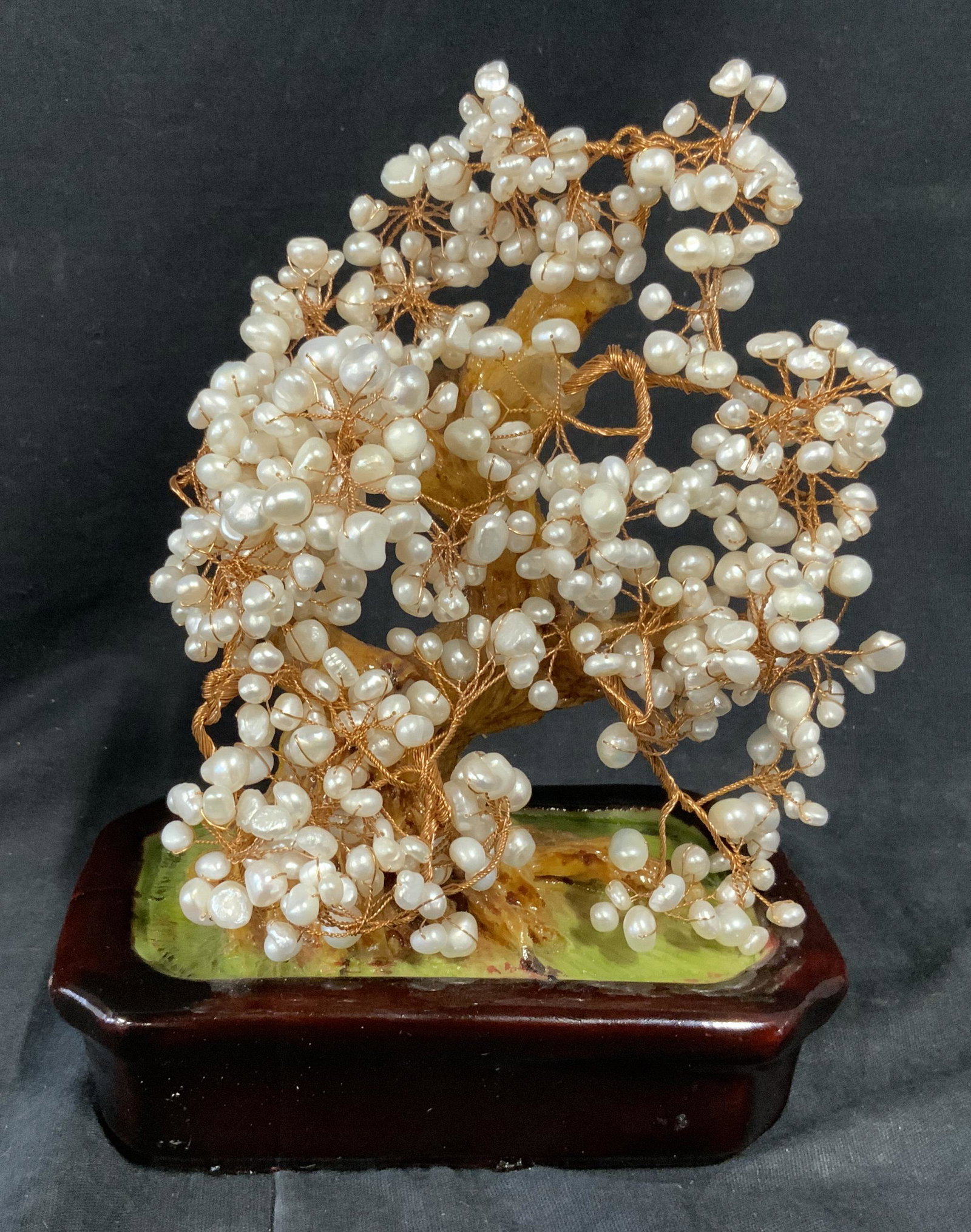 Bonsai Tree Depicted in Resin and Pearlescent Bead: Bonsai Tree Depicted in Resin and Pearlescent Bead, no apparent inscriptions or marks to piece, subject a Lifesize depiction of a potted bonsai tree with resin and copper wire branches and pearlescent
