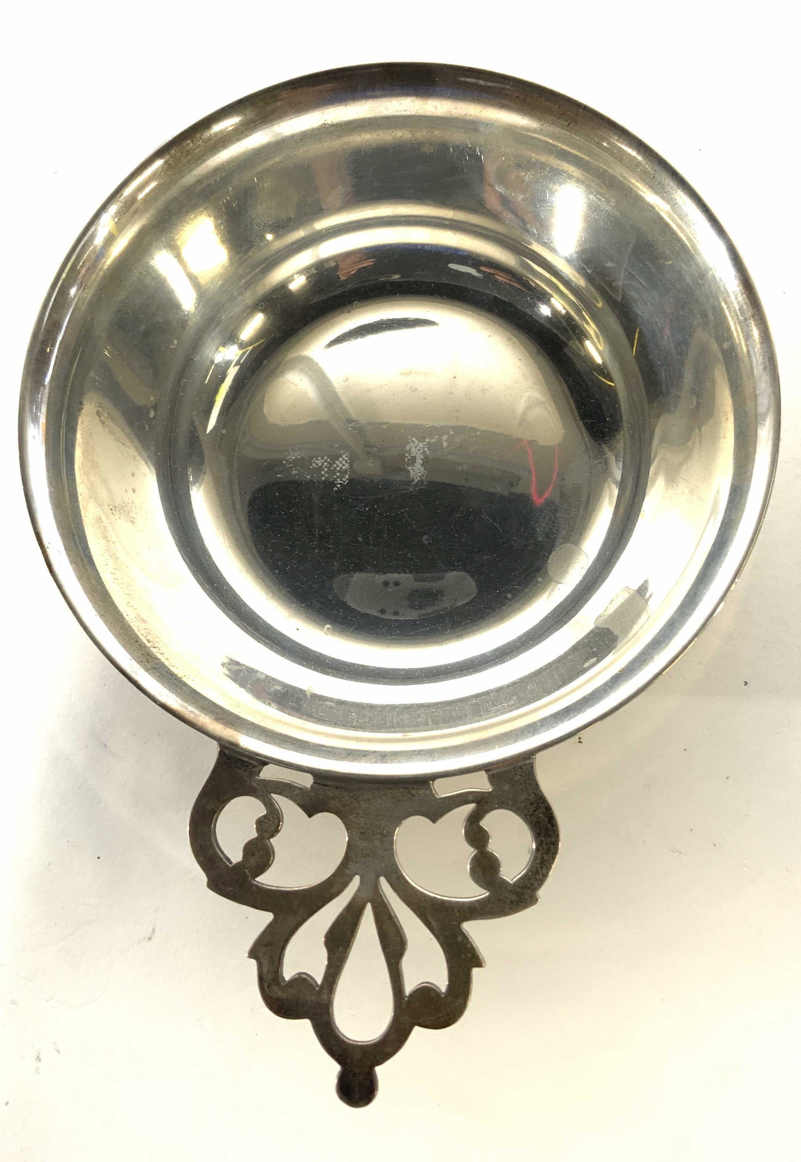 S KIRK & SON Web Sterling Silver Porringer: Underside of piece is inscribed S KIRK & SON STERLING. piece is monogrammed RICHARD EDWARD. Piece has pierced detailed handle on one side. Piece measures approx 6 1/4 inches long 1.5 inches tall 4.5 i