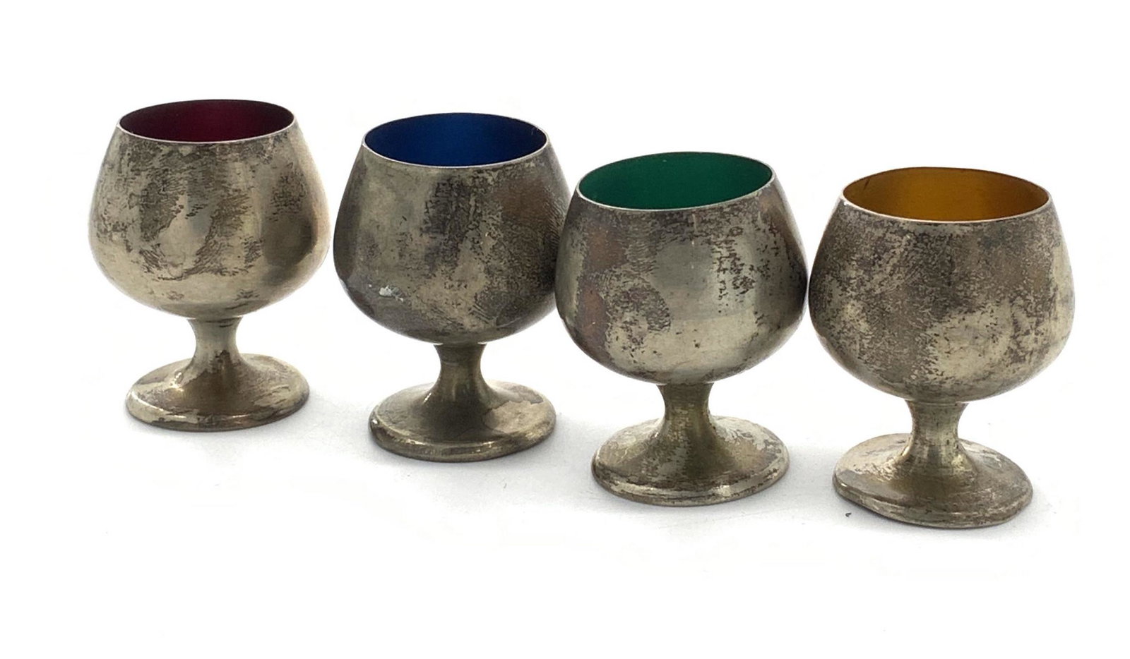 Set of 4 Sterling Silver Petite Cordial Goblets: Set of 4 Sterling Silver Miniature Wine Goblets, each measure 1 7/8 inches in height, and have a 1 1/8 inch diameter, each cups has a unique color; Royal blue, emerald green, yellow ochre, magenta, We