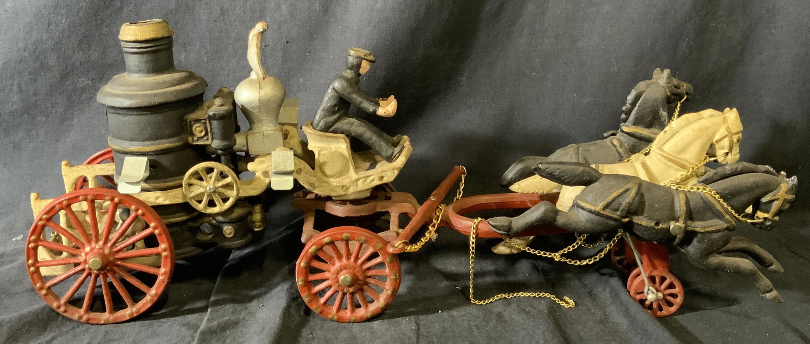 Collectible Folk Art Man in Horse Drawn Carriage: Collectible Folk Art Man in Horse Drawn Carriage, no apparent inscriptions or marks to piece, subject a man sitting in the drivers seat of a carriage drawn by three horses, carriage detachable from ho