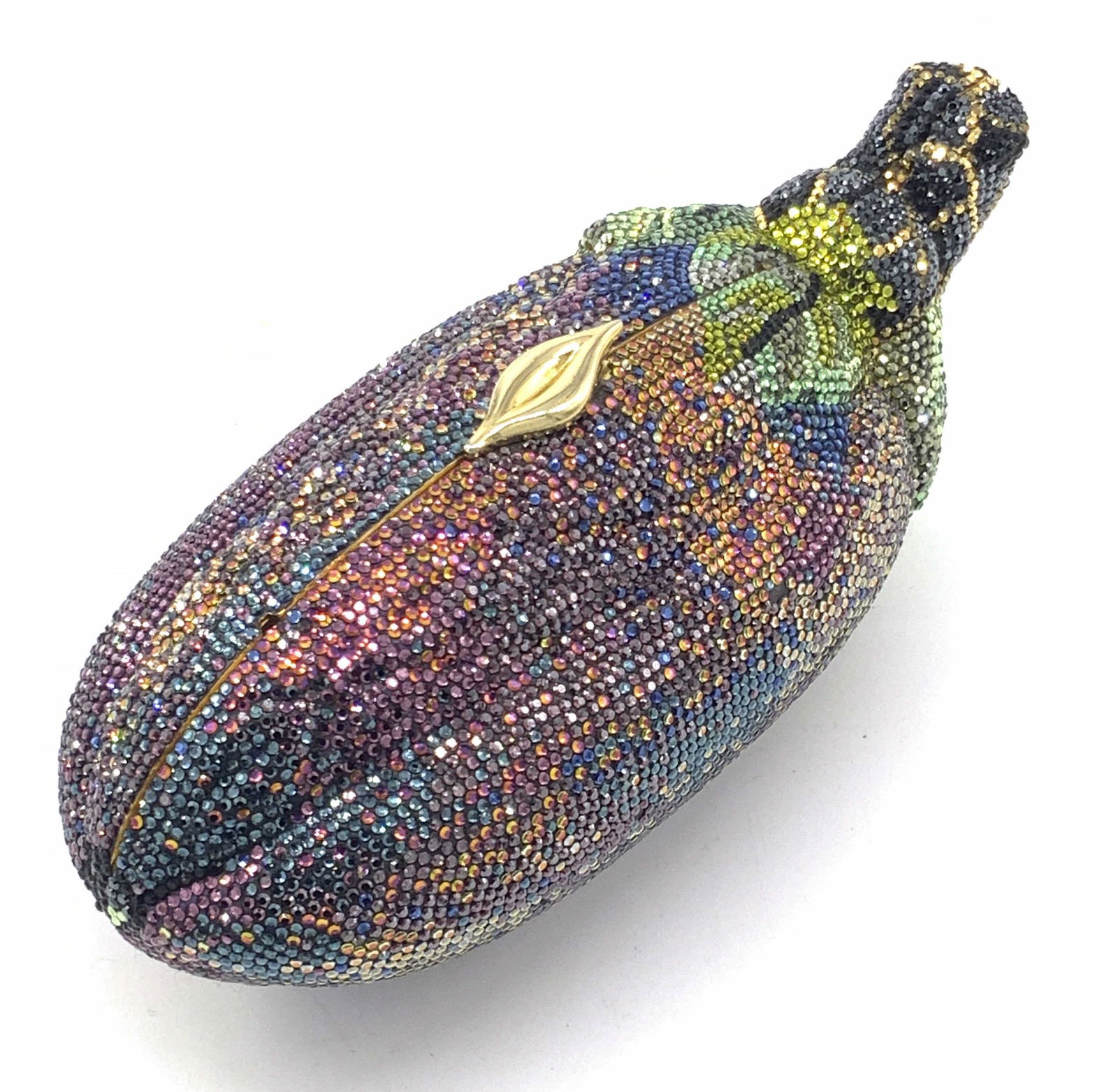 JUDITH LEIBER Hematite Eggplant Minaudiere, Tags: This vintage piece is covered entirely in Hematite Multi colored crystals in tones of pinks and blues and greens and yellows with gold on a hard shell in the form of an eggplant. This eggplant opens t