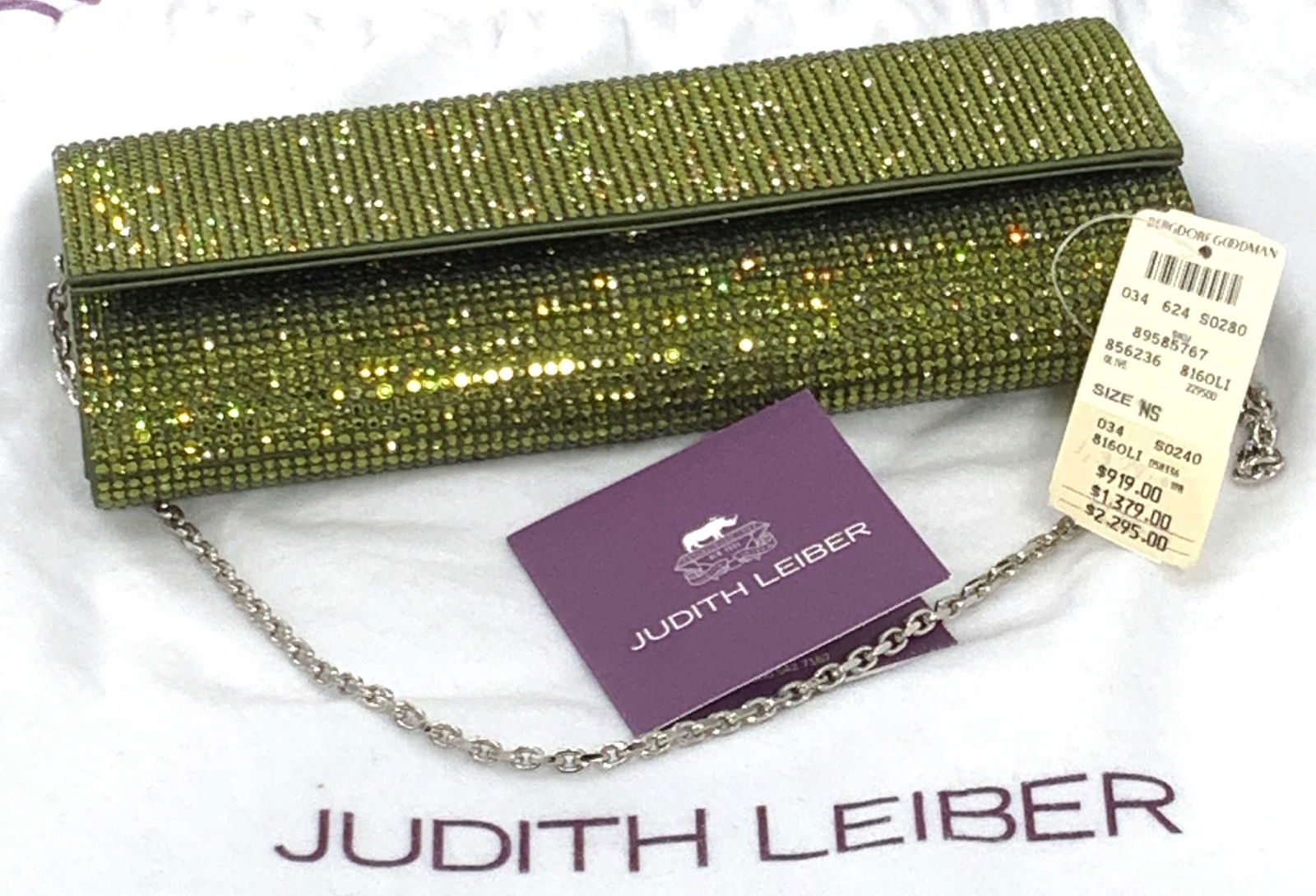 Vntg JUDITH LEIBER Olive Green Crystal Purse, Tags (1 of 18)