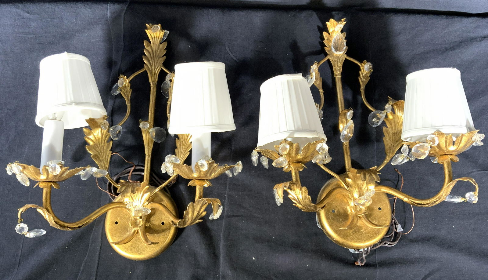 Pair Gold Leafed Metal Wall Sconces W Silk Shades (1 of 10)