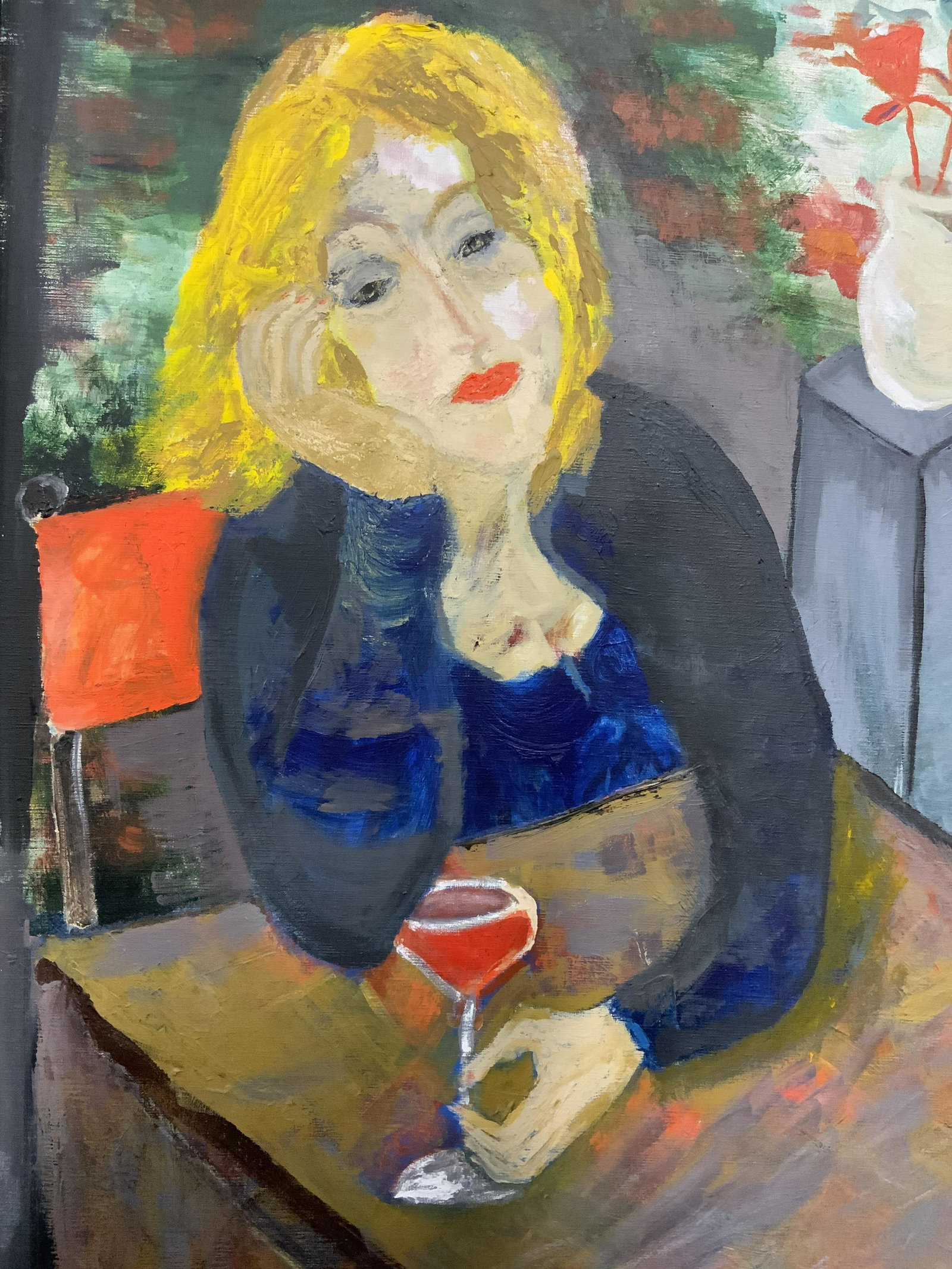 Distraught Woman with Wine Glass Acrylic on Canvas: Distraught Woman with Wine Glass Acrylic on Canvas, no apparent inscriptions or marks to piece, subject a blonde woman in a blue sweater sitting with one hand propping her head up and the other hand h