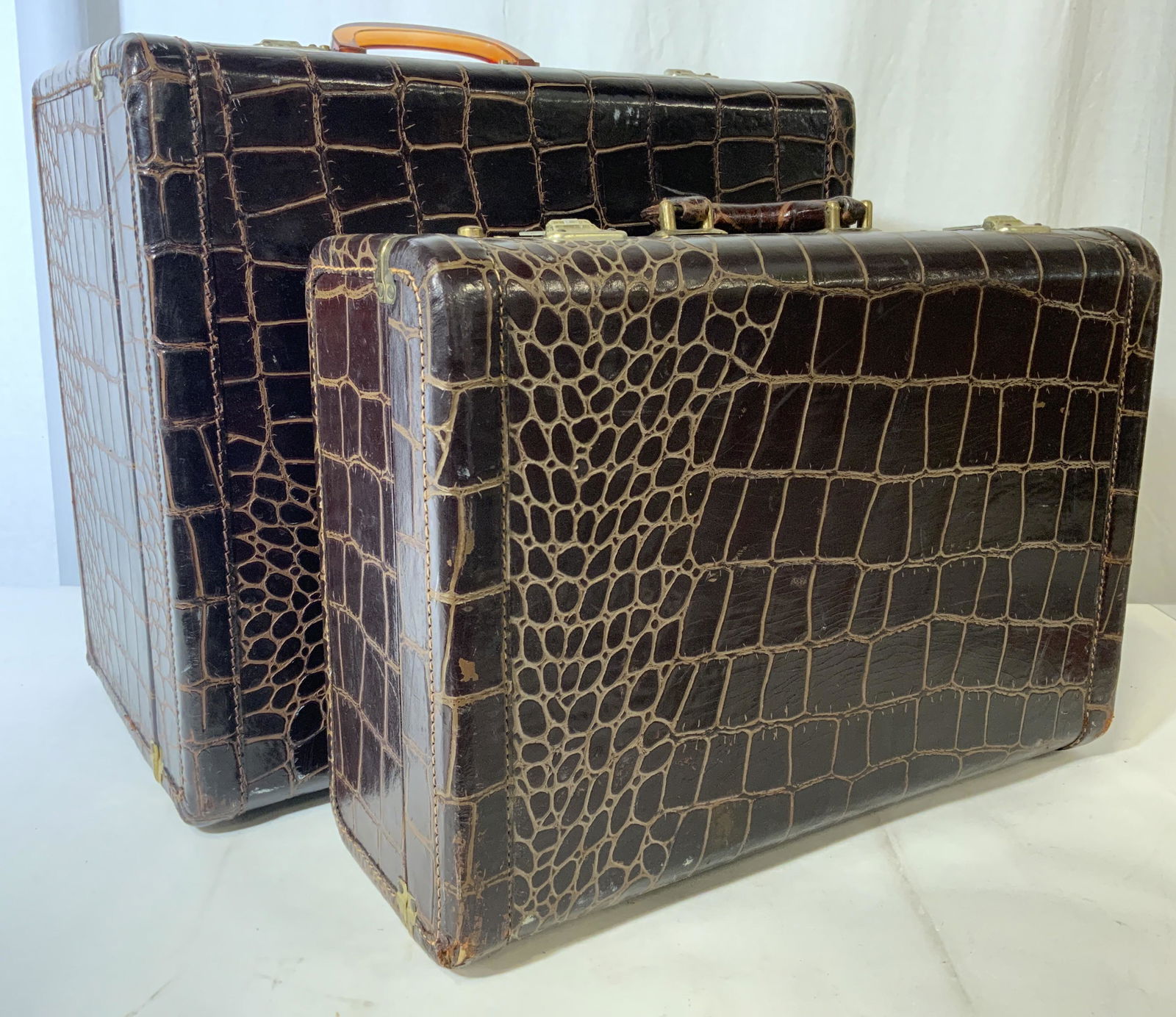 Lot 2 Vintage Brown Cowhide Leather Suitcases (1 of 13)