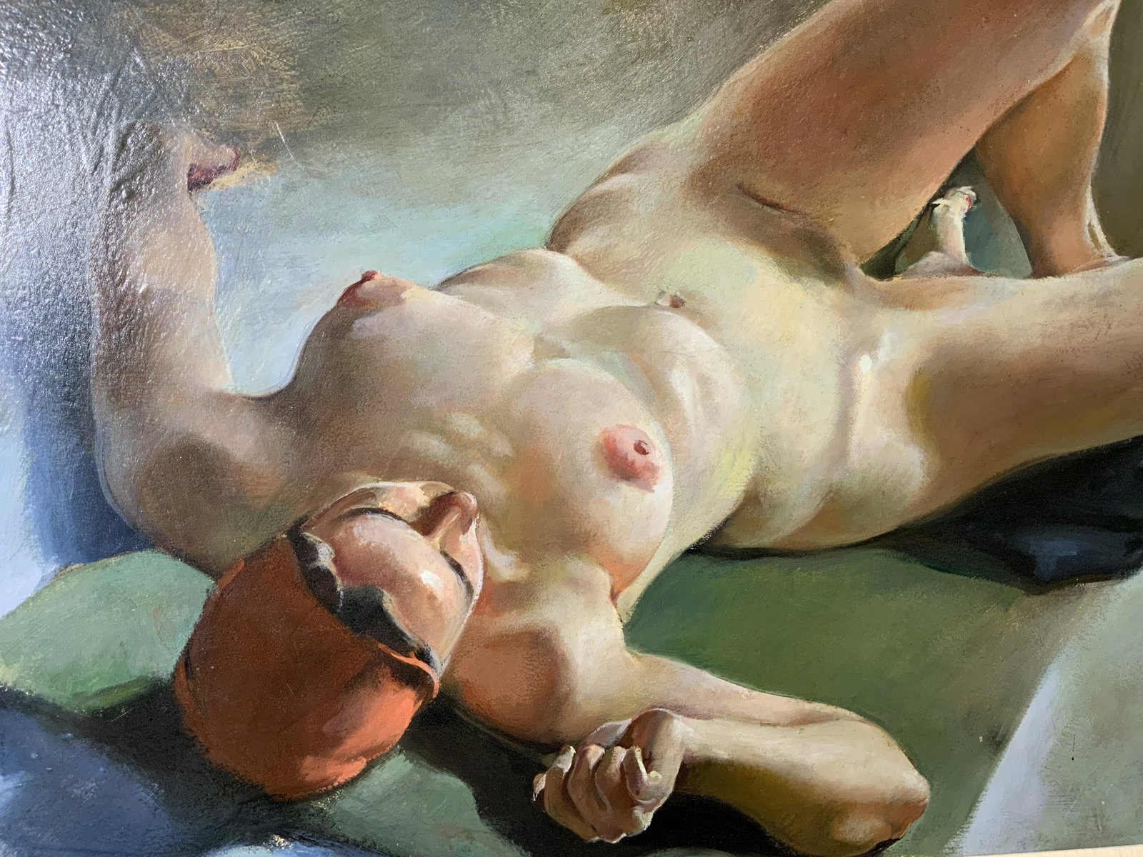 Framed Reclined Female Nude Oil on Board: Framed Reclined Female Nude Oil on Board, no apparent inscriptions or marks to piece, verso reads ‘p. Roberts’, subject a reclined female nude wearing an orange toned head scarf, frame measures 40