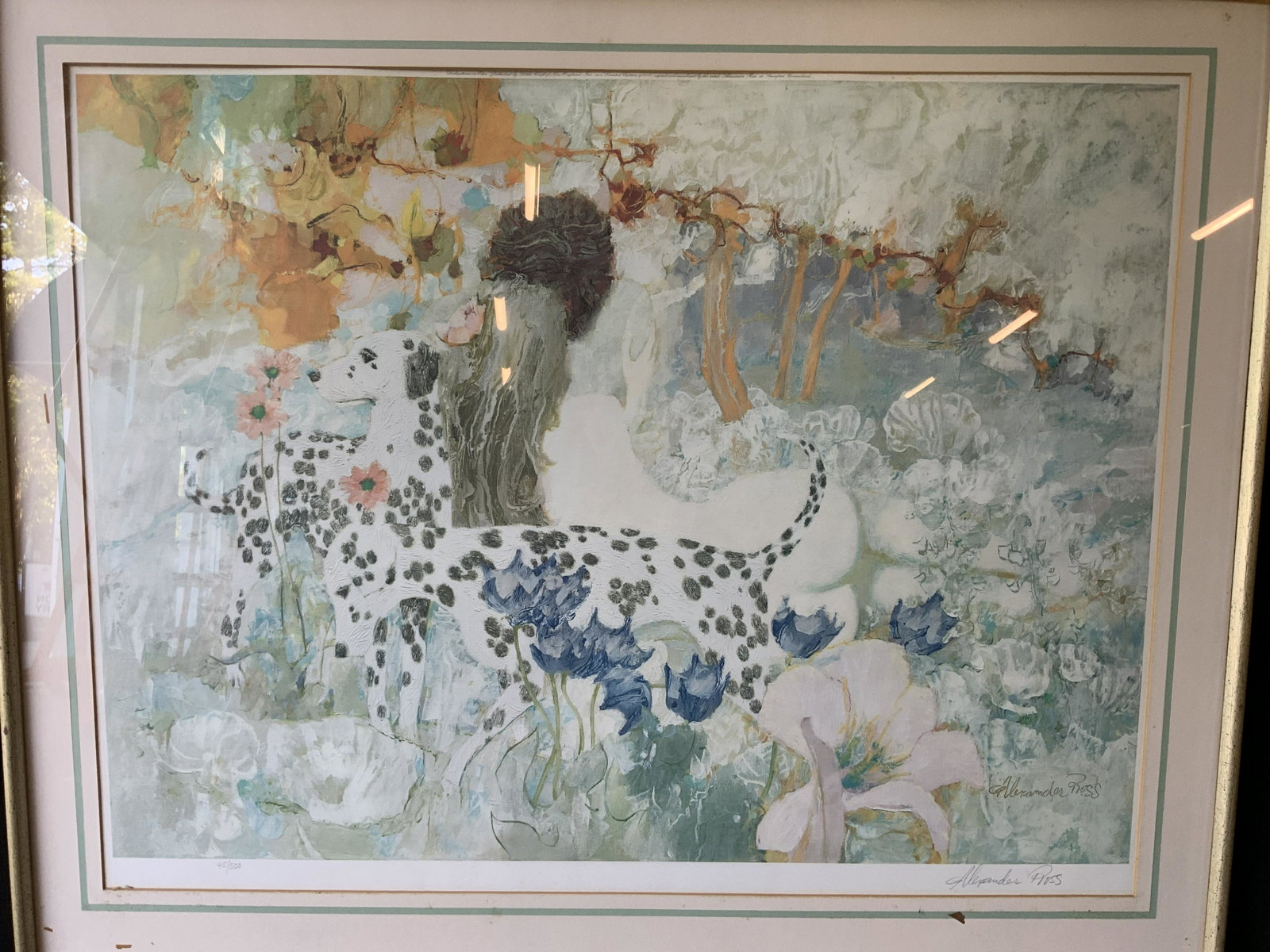 ALEXANDER ROSS Signed Lmt Ed Lithograph Dalmatians: ALEXANDER ROSS Signed Lithograph Dalmatians at Eden, signature to lower right reads ‘ Alexander Ross’, edition number to lower left reads ‘45/500’, subject a print showing the back of a nude w