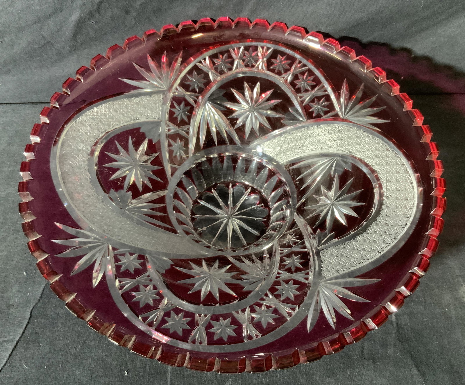 Biedermeier Style Cut Crystal Centerpiece Bowl: Biedermeier Style Cut Crystal Centerpiece Bowl 12 in in diameter, 4 in deep. Saw tooth edge, cranberry and clear tones. Some general surface wear, minor scratches, art glass crystal., tableware, home 
