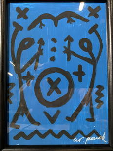 ATTR A. R. PENCK Abstract Figures Oil on Cardboard: ATTR A. R. PENCK Abstract Figures Oil on Cardboard, signature to lower right reads ‘AR. PENCK’, subject a blue background with black line drawings depicting two figures, frame measures 9 1/2 x 13