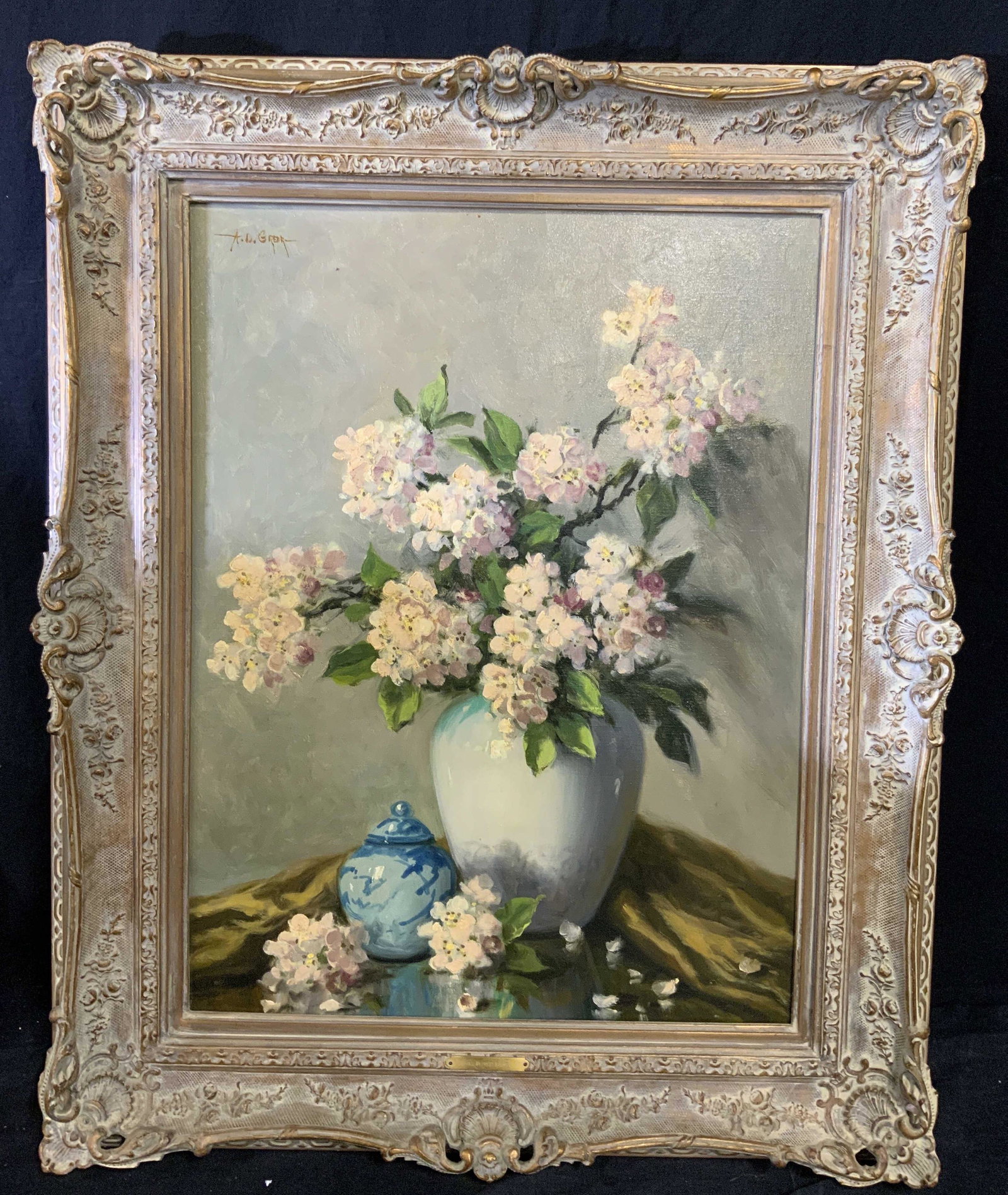 ATTR A.D. GREER Framed Oil on Canvas: ATTR A.D. GREER Framed Oil on Canvas, signature to upper left corner reads ‘A.D. GREER’, Brass plate on frame to lower center reads ‘A.D. GREER’, subject a still life portrait of flowers in a 