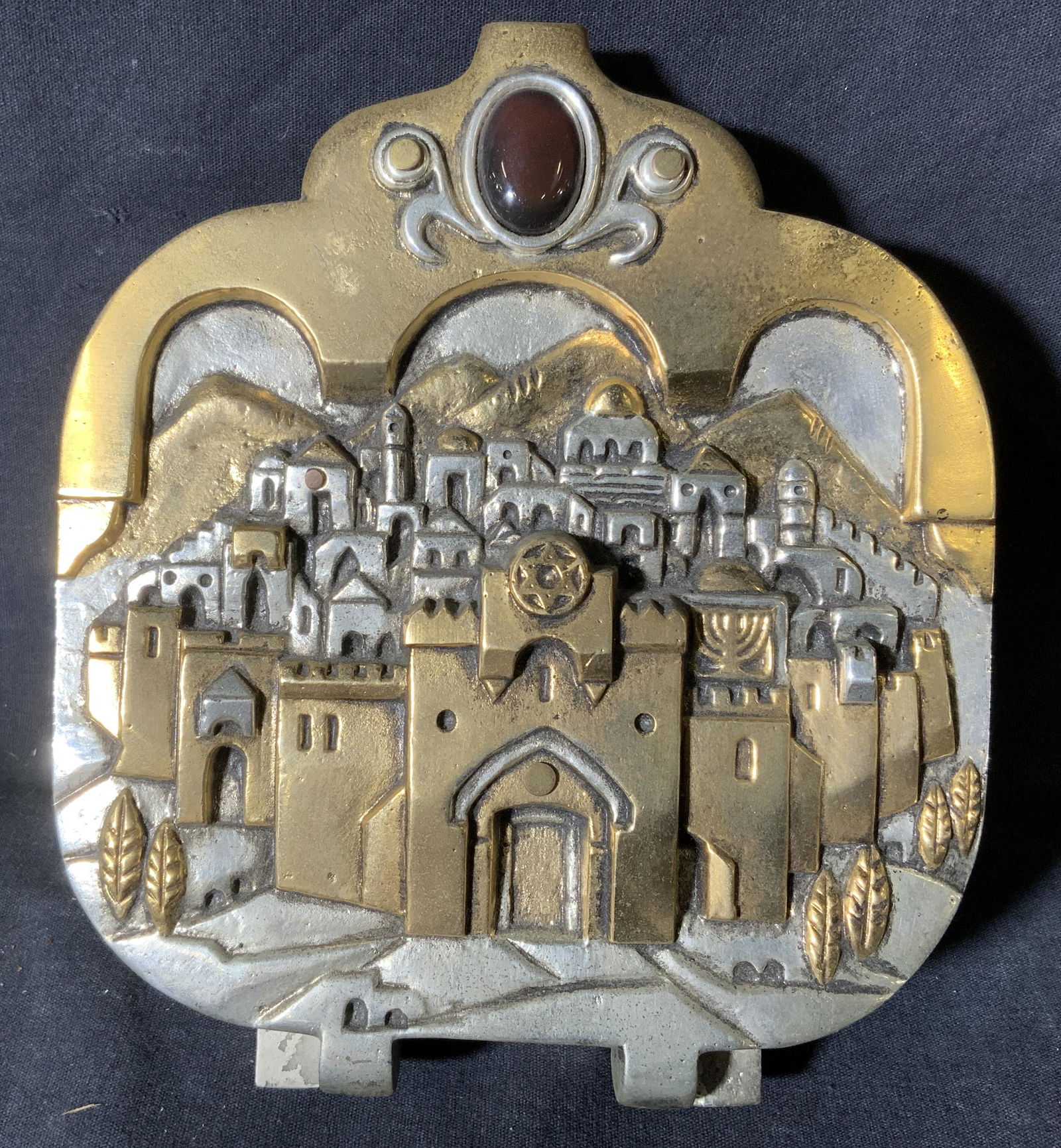 Vintage FRANK MEISLER Lidded Metal Vessel: Vintage lidded vessel, by FRANK MEISLER. Lid decorated with Judaica motifs, brass and silver toned, inlaid glass or stone. Underside reads as FRANK MEISLER ISRAEL ‘84 148/280. Interior lined with fa