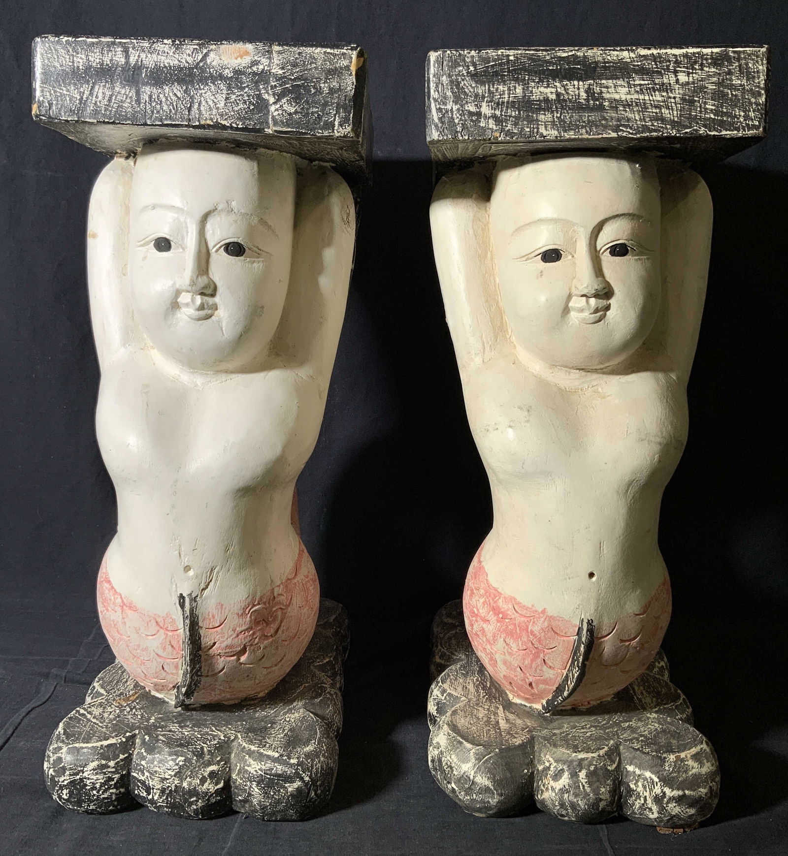 Pair Carved Wooden Mermaid Pedestals (1 of 10)