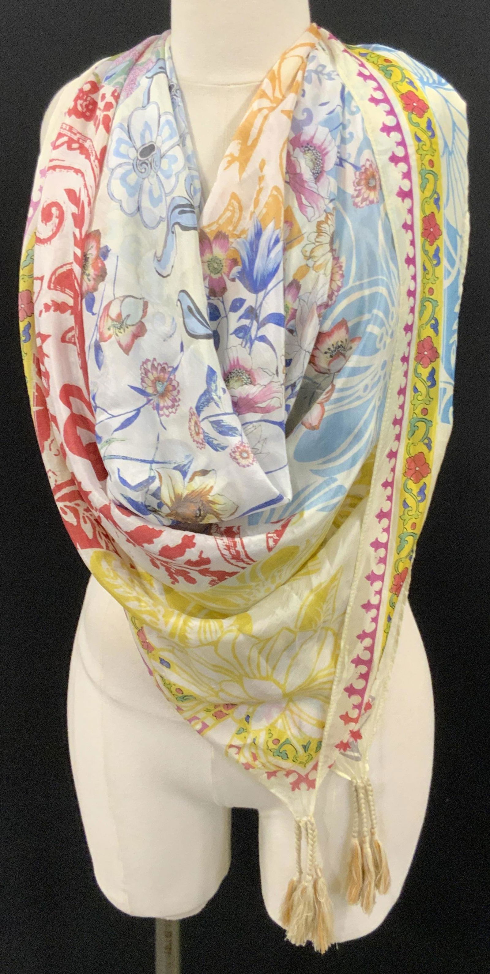 JOHNNY WAS Signed Silk Floral Tassel Scarf (1 of 8)