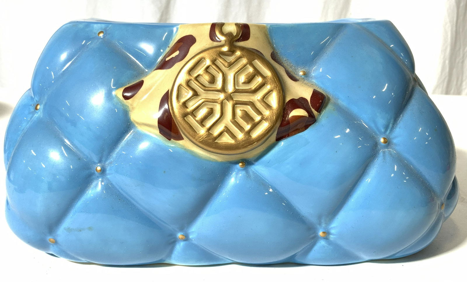 Lot 3 Porcelain Vases & Cookie Jar: Lot includes 2 vases & 1 cookie jar. One vase is chocolate toned while the other is aqua teal toned. Cookie jar is sky blue toned. Underside of brown vase is inscribed MADE IN GERMANY, underside of co