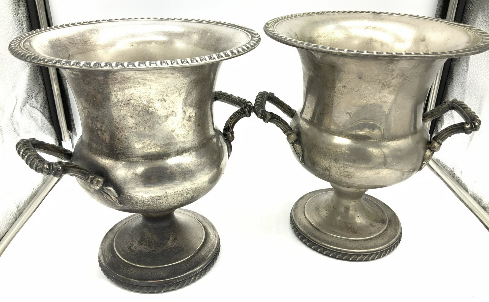 Wm Rogers 851 S Plate Castleton Bucket Urns 2: Champagne chiller ur pair, silver plate Wm Rogers #851 Castleton Buckets, Bucket on pedestal with carry handles, repousse handles and lower and upper rims. signed Wm Rogers 851 with star hallmark. Up 