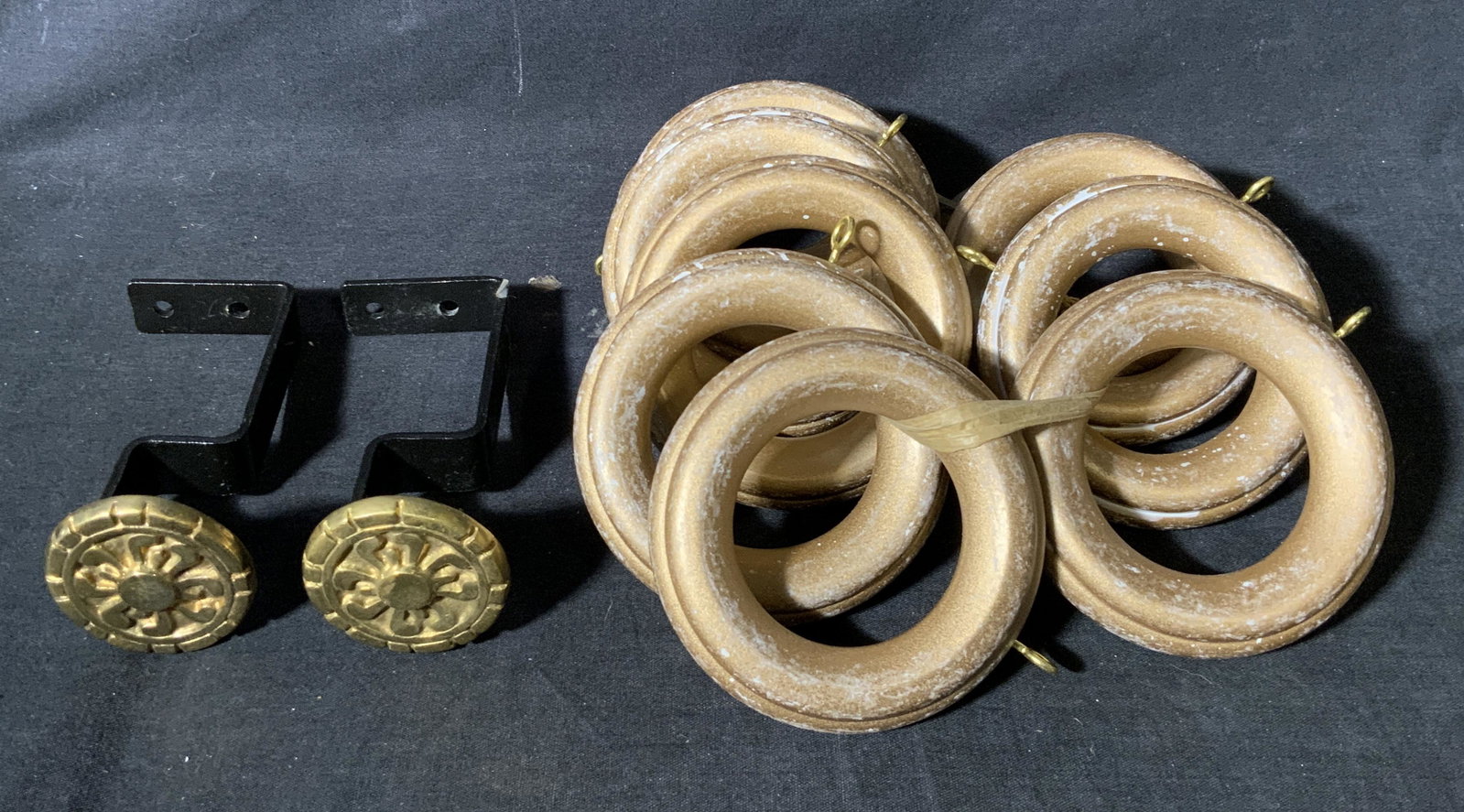 Vintage Wood Curtain Rings with Wall Rackets: Vintage Wood Curtain Rings with Wall Rackets, each ring has a diameter of 2 1/8 inches, 3 7/8 inches in total, and at 1/2 inches wide, brackets measure 4 5/8 x 2 inches, beige colored rings, gold and 