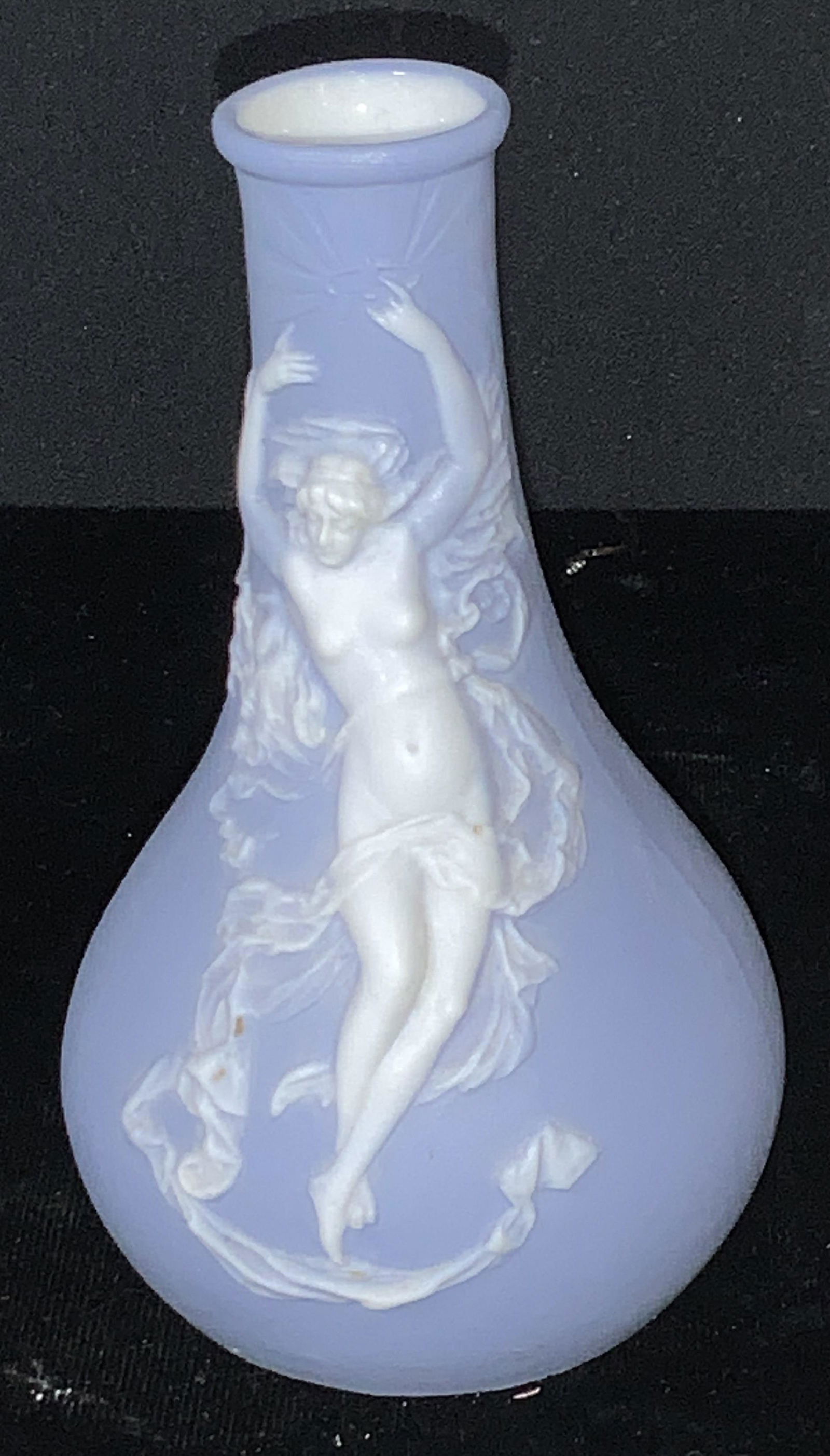 VOLKSTEDT RUDOLSTADT PORCELAIN VASE CAMEO: Blue Jasper Porcelain vase with Nude Woman Relief , HALLMARKED with symbol, stamped Germany and has impressed numbers 51, 627. Made by Volkstedt / Rudolstadt , 4.5 in. Ht. Thuringia, Germany, Porzella
