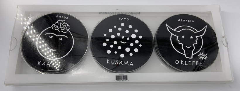 MoMA Herstory of Art Coasters: MoMA Herstory of Art Coasters, These coasters features whimsical, smiley faces in the style of famous women artists: Frida Kahlo, Yayoi Kusama, Georgia O’keeffe, Louise Bourgeois, Bridget Riley