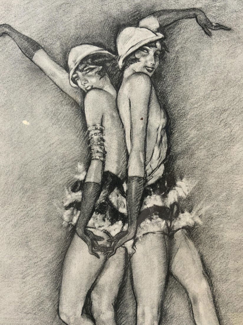 ÉDOUARD CHIMOT Graphite on Paper Flapper Drawing: ÉDOUARD CHIMOT Graphite on Paper Flapper Drawing, signature to lower right reads ‘CHIMOT 1925’, Verso reads ‘Galerie Mistinguette’, subject two women standing back to back dressed in 1920s fl