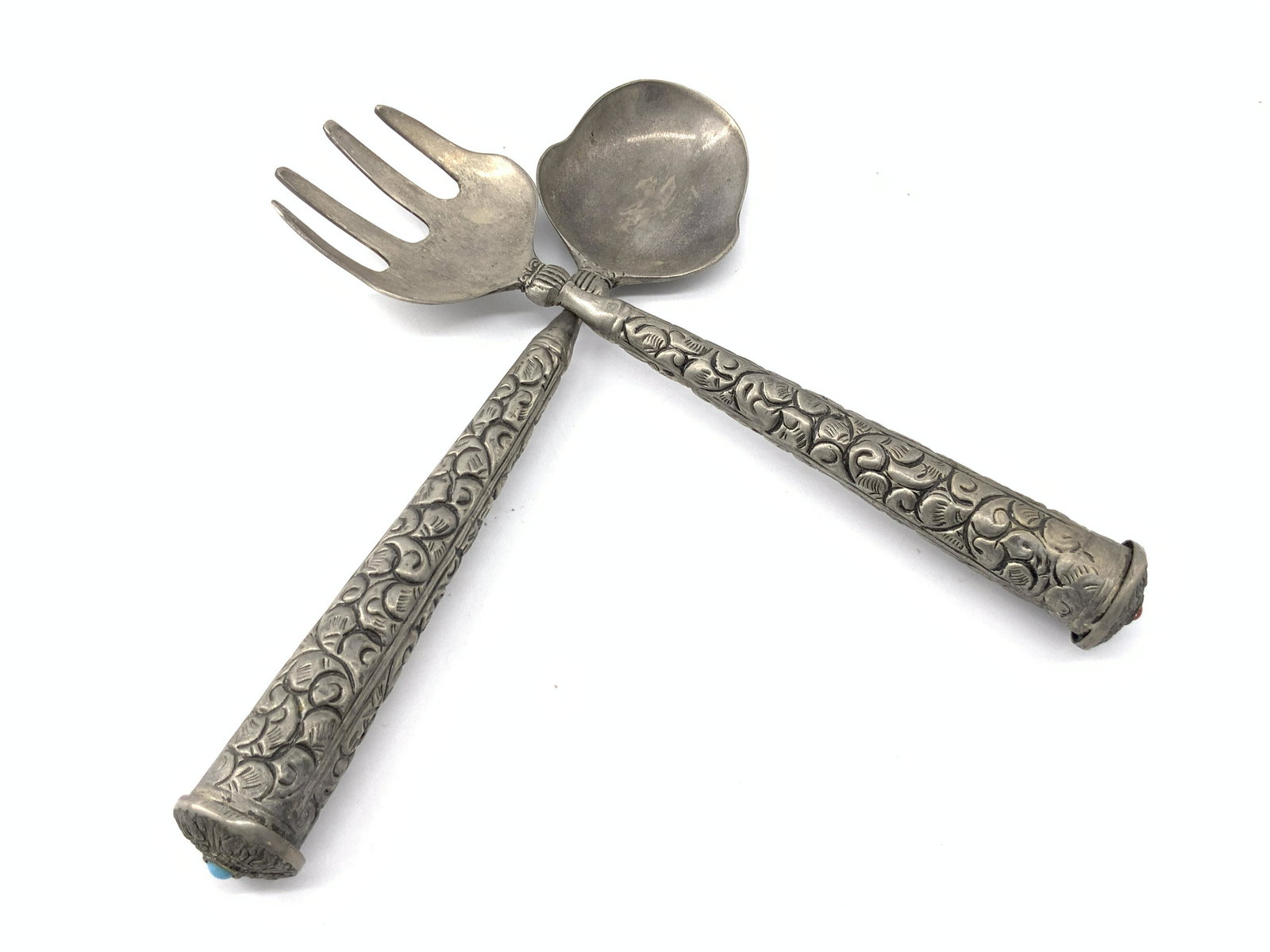 Set 2 Vintage Etched Metal Serving Fork & Spoon (1 of 8)