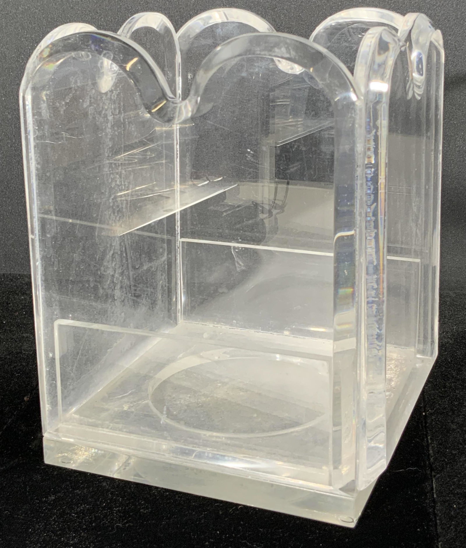 Vintage Lucite Scalloped Rim Vessel: A clear lucite vessel with a scalloped rim. An insert is within the piece, removable. Measures approx 7.5H x 6W in. Thick walled and weighty. Piece has some surface wear consistent with use. Vintage L