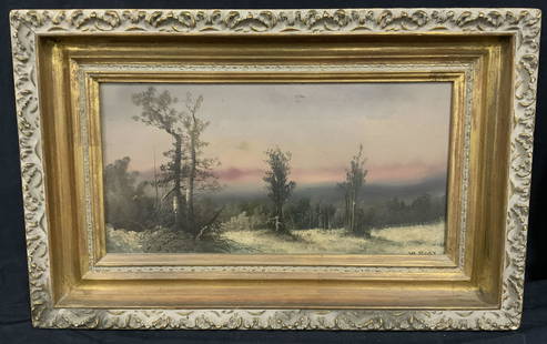 WILLIAM MERRITT POST Antique Oil Landscape: WILLIAM MERRITT POST Antique Oil on Board, signature to lower right reads ‘W. POST’, Subject a winter landscape at dusk with trees as subject, measures 25 1/4 x 16 inches, window measures 18 1/2 x